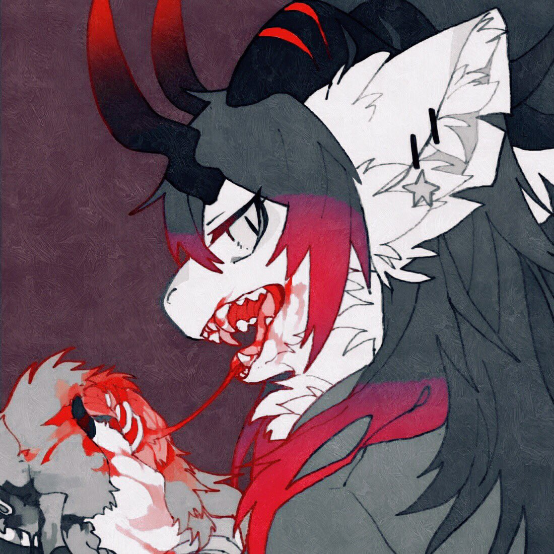 anthro blood blood_string bodily_fluids claws depravedstar dragon ear_piercing ear_ring fangs food gore hair horn inner_ear_fluff meat neck_tuft partially_colored pawpads piercing prey pupils ribcage ring_piercing simple_background slit_pupils solo tuft