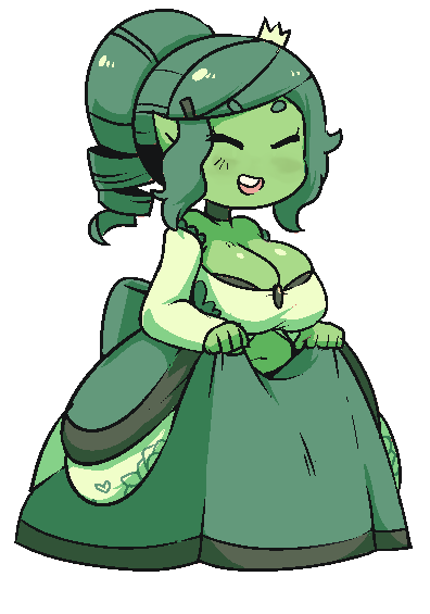 alpha_channel anonymous_artist armwear ball_gown big_breasts breast_squish breasts cleavage clothed clothing crown detached_sleeves dress dress_bow drill_curls eyes_closed female fusion goblin goblin_princess green_body green_hair green_skin hair holding_clothing holding_dress holding_object human_princess humanoid humanoid_pointy_ears midriff navel noseless open_mouth open_smile ponytail princess royalty smile solo squish towergirls