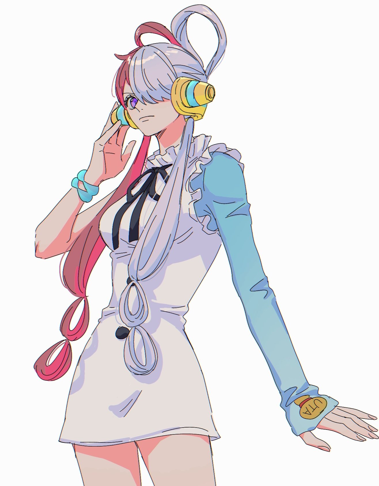 1girl bracelet breasts commentary cowboy_shot dress frilled frilled_dress frills hair_over_one_eye hair_rings hand_to_head hdksz_39 headphones highres jewelry looking_at_viewer multicolored_hair neck_ribbon one_piece one_piece:_film_red purple_eyes red_hair ribbon solo split-color_hair symbol-only_commentary twintails two-tone_hair uta_(one_piece) white_background white_dress white_hair