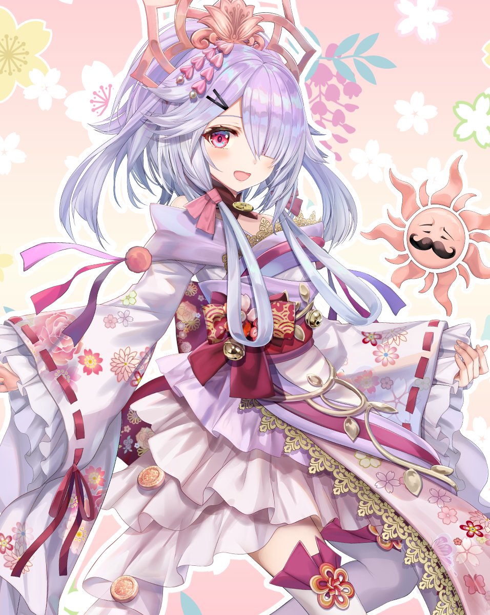 1girl airy_production bangs bare_shoulders bell bow facial_hair floral_background floral_print frilled_sleeves frills hair_ornament hair_over_one_eye hair_rings hairclip headdress high_ponytail highres japanese_clothes mustache official_art pom_pom_(clothes) purple_hair red_bow red_eyes red_ribbon ribbon ribbon-trimmed_sleeves ribbon_trim shiny shiny_hair solo sun tenpi_terasu thighhighs torino_aqua virtual_youtuber white_thighhighs