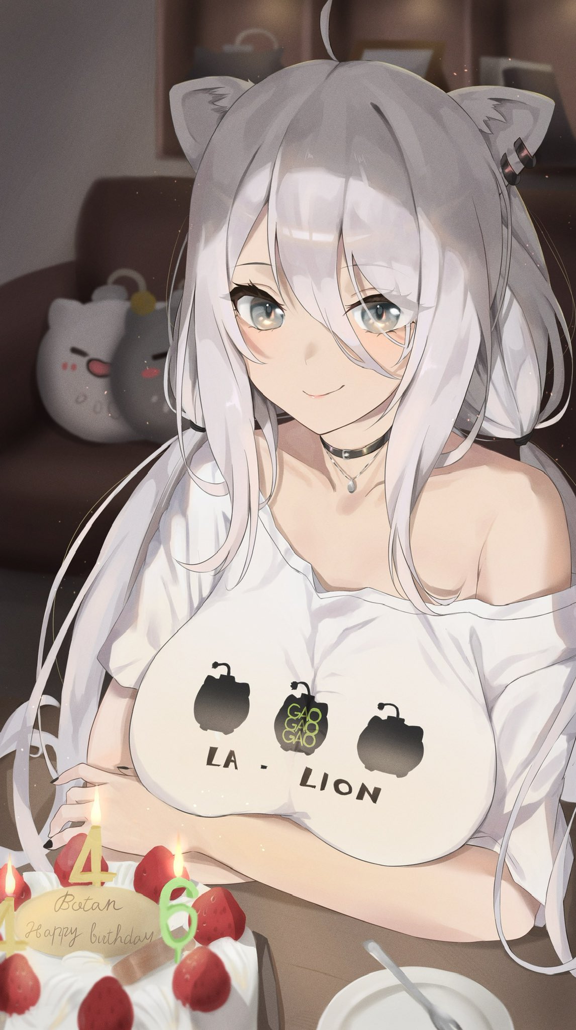 1girl ahoge animal_ears bangs bare_shoulders birthday_cake black_nails breast_hold breasts cake choker closed_mouth collarbone ear_piercing food grey_eyes grey_hair hair_between_eyes happy_birthday highres hololive jewelry kingudejii large_breasts lion_ears lion_girl lion_tail long_hair looking_at_viewer messy_hair necklace off_shoulder official_alternate_costume piercing shishiro_botan smile ssrb tail upper_body virtual_youtuber