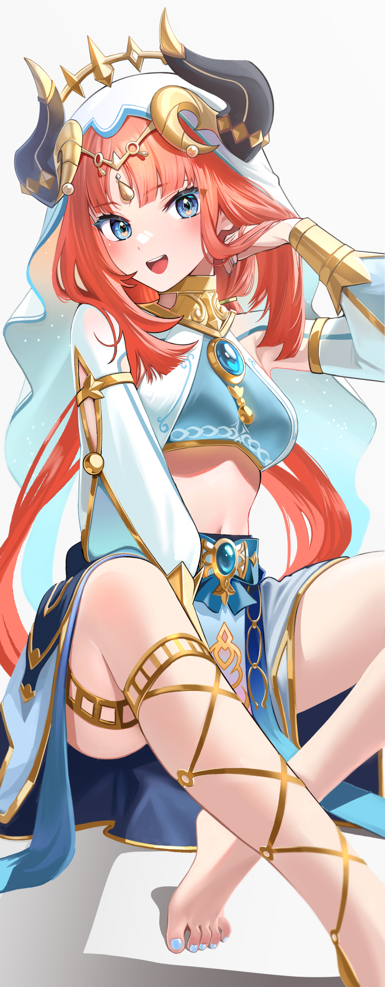 1girl :d bangs bare_shoulders barefoot blue_eyes blush breasts brooch clothing_cutout crop_top crossed_legs detached_sleeves dot_nose foot_out_of_frame forehead_jewel genshin_impact gladiator_sandals gold_trim gou_d hand_in_own_hair highres horns jewelry long_hair long_sleeves looking_at_viewer low_twintails medium_breasts midriff nail_polish navel neck_ring nilou_(genshin_impact) parted_bangs puffy_long_sleeves puffy_sleeves red_hair sandals single_sandal sitting smile stomach thighlet toenail_polish toenails toes twintails vambraces veil