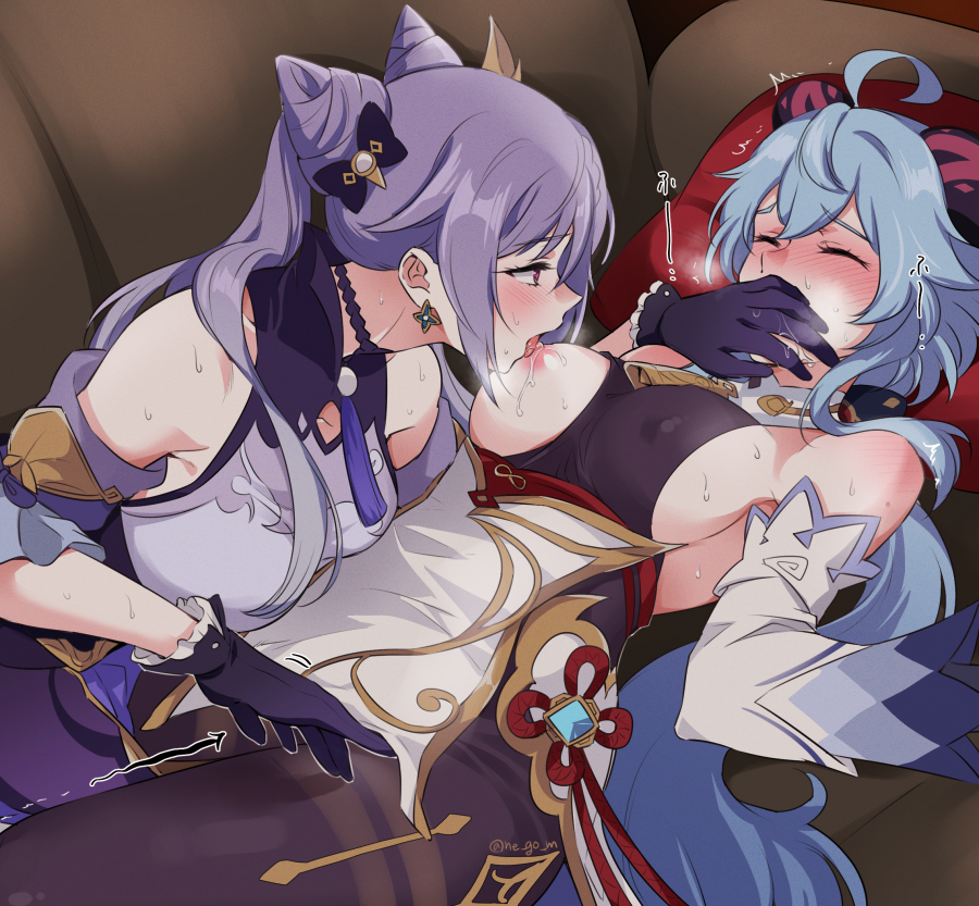 bangs bare_shoulders blue_hair blush breasts cone_hair_bun couch covering_another's_mouth fingering fingering_through_clothes ganyu_(genshin_impact) genshin_impact gloves hair_bun horns keqing_(genshin_impact) licking licking_nipple long_hair medium_breasts multiple_girls negom pantyhose purple_eyes purple_hair sweat through_clothes twintails