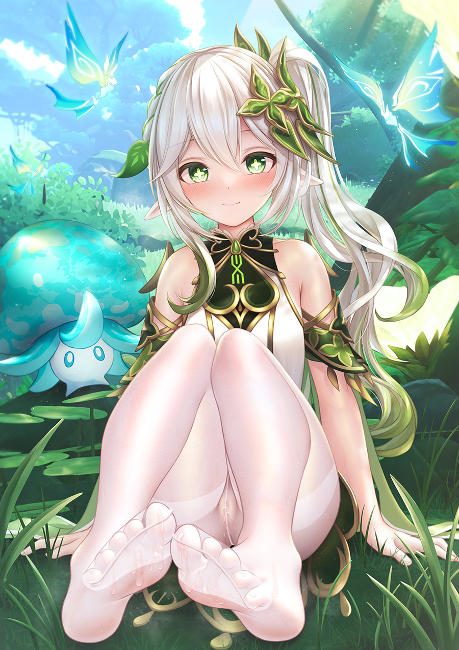 1girl bae.c bangs bare_shoulders blue_butterfly blush braid bug butterfly closed_mouth colored_tips crystalfly_(genshin_impact) day dress feet foot_focus foreshortening full_body fungi_(genshin_impact) gem genshin_impact gradient_hair grass green_gemstone hair_ornament highres knees_up leaf_hair_ornament long_hair looking_at_viewer multicolored_hair nahida_(genshin_impact) nature no_shoes outdoors panties pantyhose pantyshot plant pointy_ears ponytail pussy_juice side_ponytail sidelocks sitting sleeveless sleeveless_dress smile soles solo toes two-tone_hair underwear white_dress white_hair white_panties white_pantyhose