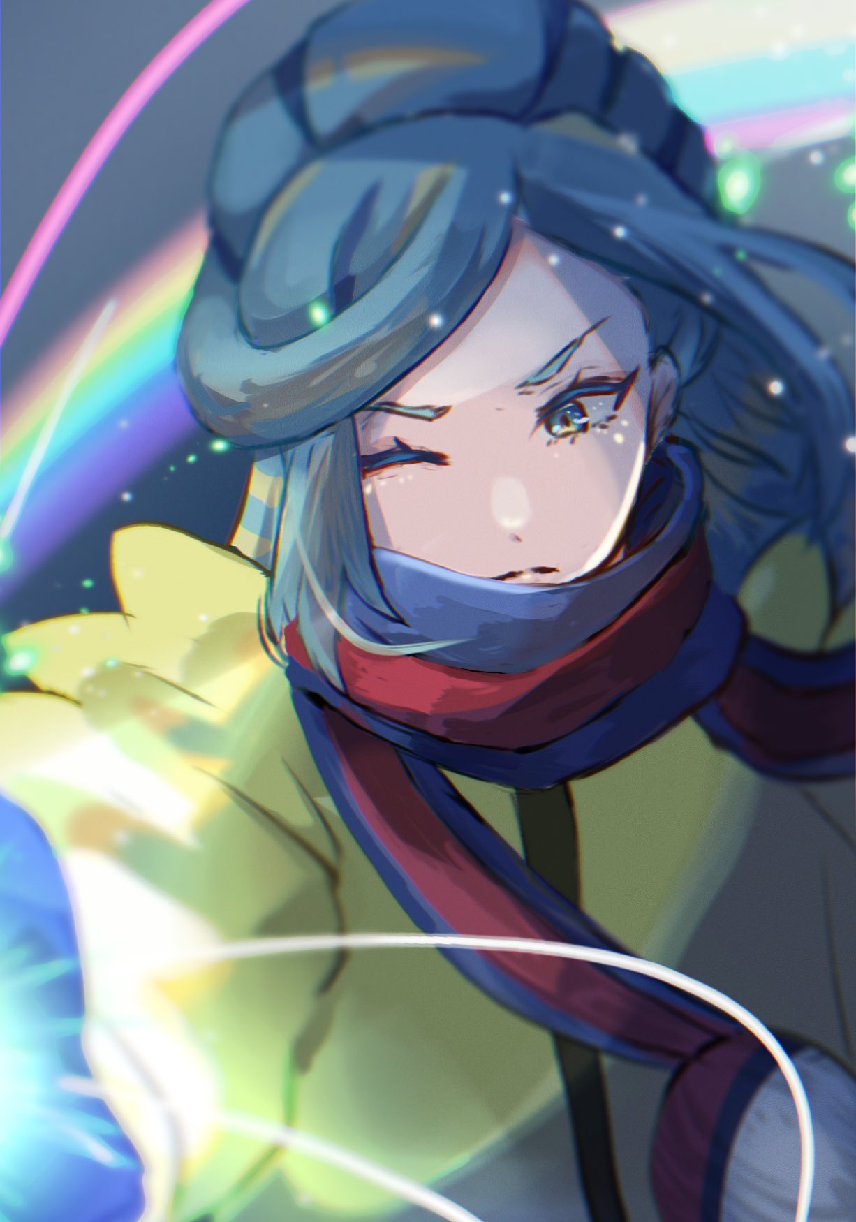 1boy aqua_eyes aqua_hair blue_mittens blurry closed_mouth commentary_request eyelashes frown grusha_(pokemon) highres jacket long_hair male_focus one_eye_closed pokemon pokemon_(game) pokemon_sv rainbow scarf solo ssn_(sasa8u9r) upper_body yellow_jacket