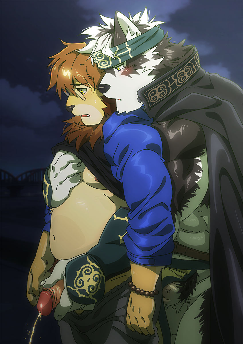 abs accessory anthro assisted_peeing balls belly blush bodily_fluids canid canine canis clothed clothing duo erection_pushing_loincloth felid foreskin gakuran genital_fluids genitals headband hi_res horkeu_kamui_(tas) japanese_school_uniform lifewonders lion male mammal mane moobs muscular muscular_male navel night nipples nviek5 pantherine pec_grab peeing penis penis_grab possessive pubes public pulled_pants raised_clothing raised_shirt raised_topwear retracted_foreskin ross_(rossciaco) shirt tokyo_afterschool_summoners topwear urine video_games wolf