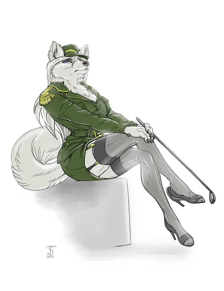 2022 5_fingers american_eskimo anthro black_nose blue_eyes bodily_fluids bottomwear breasts canid canine canis claws cleavage clothed clothing dictator domestic_dog female finger_claws fingers foo-foo footwear fur garter_straps hair hat headgear headwear high_heels humanoid_hands legwear long_hair mammal military_cap military_uniform redcoatcat riding_crop signature sitting skirt solo spitz thigh_highs uniform whip white_body white_fur white_hair