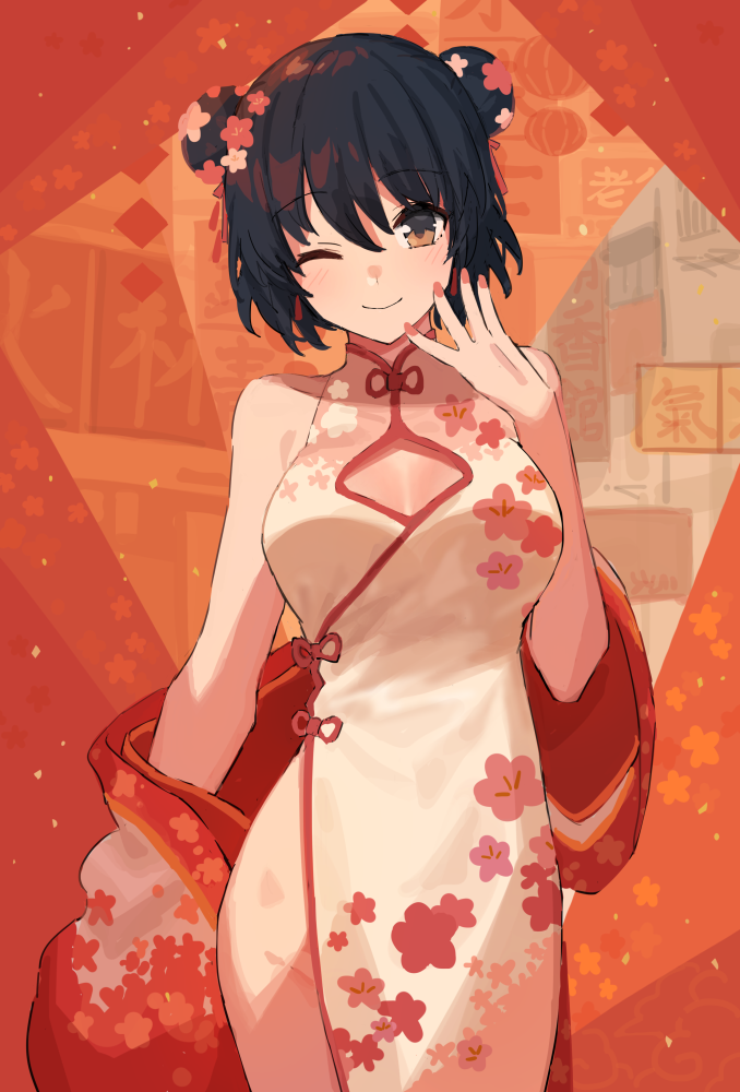 1girl ;) bad_link bangs black_hair blush breasts brown_eyes china_dress chinese_clothes chorefuji cleavage cleavage_cutout closed_mouth clothing_cutout commentary_request double_bun dress floral_print hair_bun hand_up looking_at_viewer nail_polish one_eye_closed original pink_nails short_hair smile solo white_dress