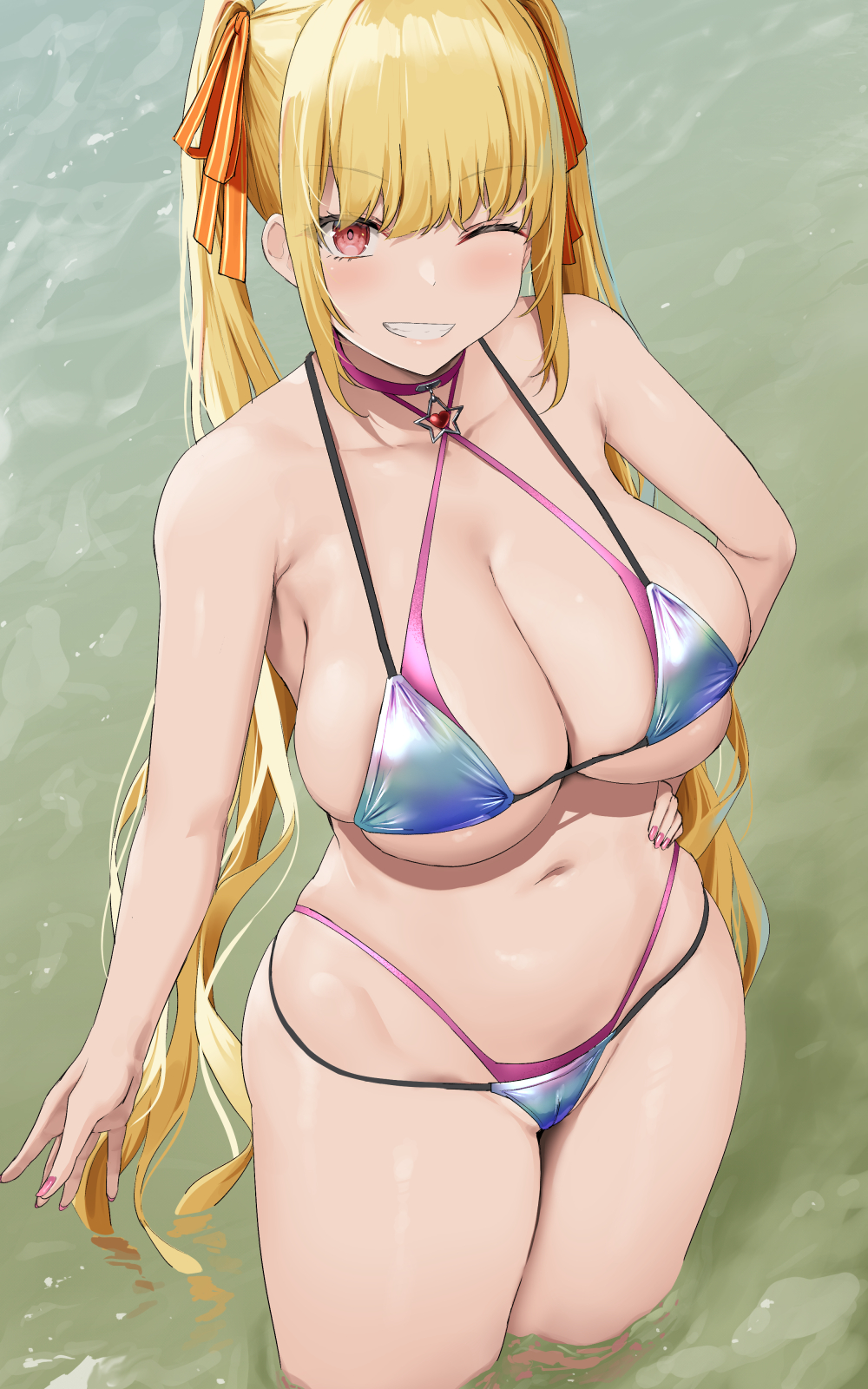 1girl bangs blonde_hair blush breasts cameltoe cleavage collarbone from_above hair_ornament hair_ribbon hand_on_hip highres large_breasts long_hair looking_at_viewer looking_up nail_polish navel oekakizuki one_eye_closed orange_ribbon original outdoors parted_lips partially_submerged pink_nails red_eyes ribbon sideboob silver_bikini smile solo thighs twintails underboob water