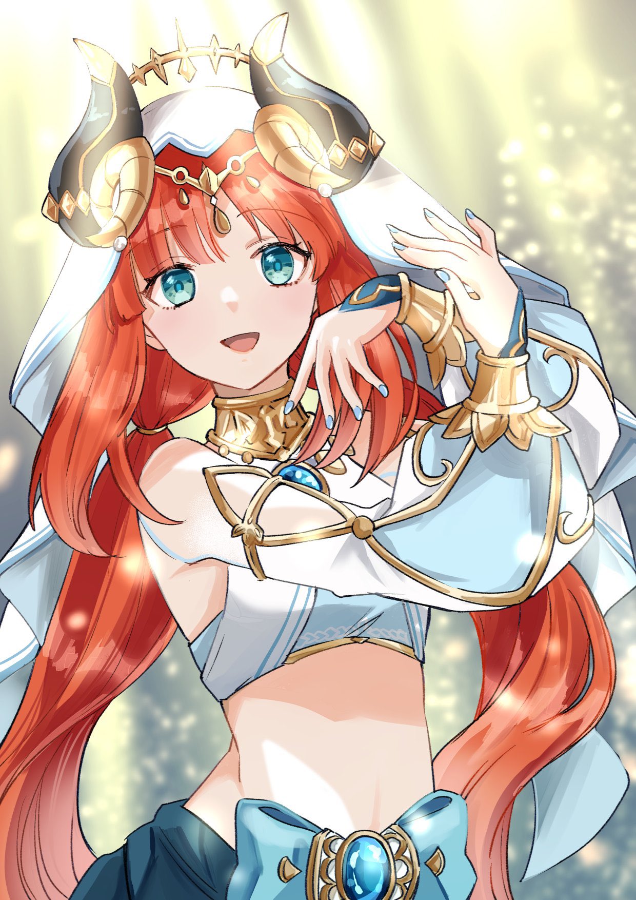1girl :d aqua_eyes bare_shoulders blue_nails blurry blurry_background brooch clothing_cutout crop_top dancer day forehead_jewel genshin_impact gold_trim highres horns jewelry long_hair long_sleeves looking_at_viewer nail_polish neck_ring nilou_(genshin_impact) outdoors puffy_long_sleeves puffy_sleeves red_hair smile solo stomach sunlight twintails vambraces veil vision_(genshin_impact) white_headdress y0moru