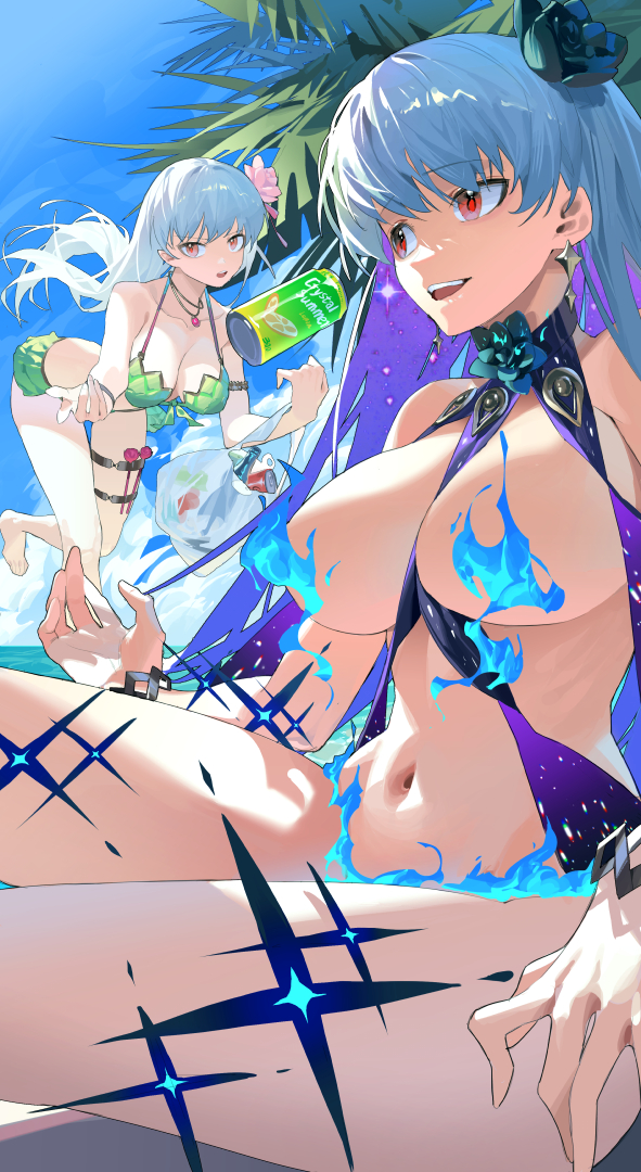 2girls armlet bangs bare_shoulders bikini blue_fire blue_hair body_markings bracelet breasts cleavage collarbone dual_persona earrings fate/grand_order fate_(series) fire flower frills green_bikini hair_flower hair_ornament hair_ribbon jewelry kama_(fate) kama_(swimsuit_avenger)_(fate) kama_(swimsuit_avenger)_(second_ascension)_(fate) kama_(swimsuit_avenger)_(third_ascension)_(fate) large_breasts long_hair looking_at_viewer lotus multicolored_hair multiple_girls navel necklace omurice_(304975636) open_mouth pendant red_eyes revealing_clothes ribbon smile star_(symbol) star_earrings swimsuit thighs two-tone_hair white_hair