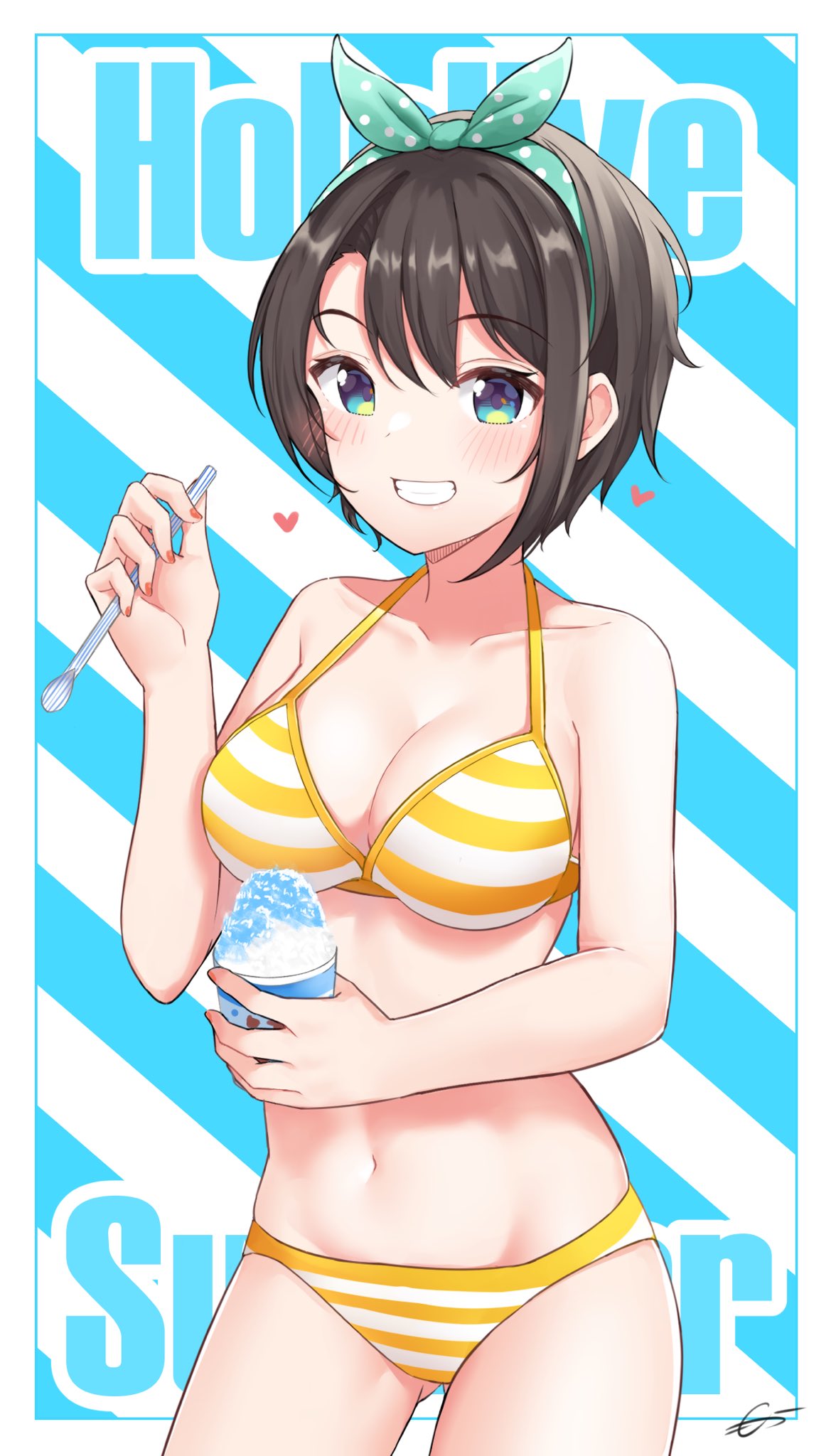 1girl aqua_eyes bangs bikini blue_eyes blush bow bow_hairband brown_hair fingernails food green_hairband grin groin hair_bow hairband halterneck highres hololive looking_at_viewer mocacoco339 nail_polish official_alternate_costume oozora_subaru red_nails shaved_ice short_hair smile solo striped striped_bikini swept_bangs swimsuit two-tone_bikini virtual_youtuber white_bikini yellow_bikini