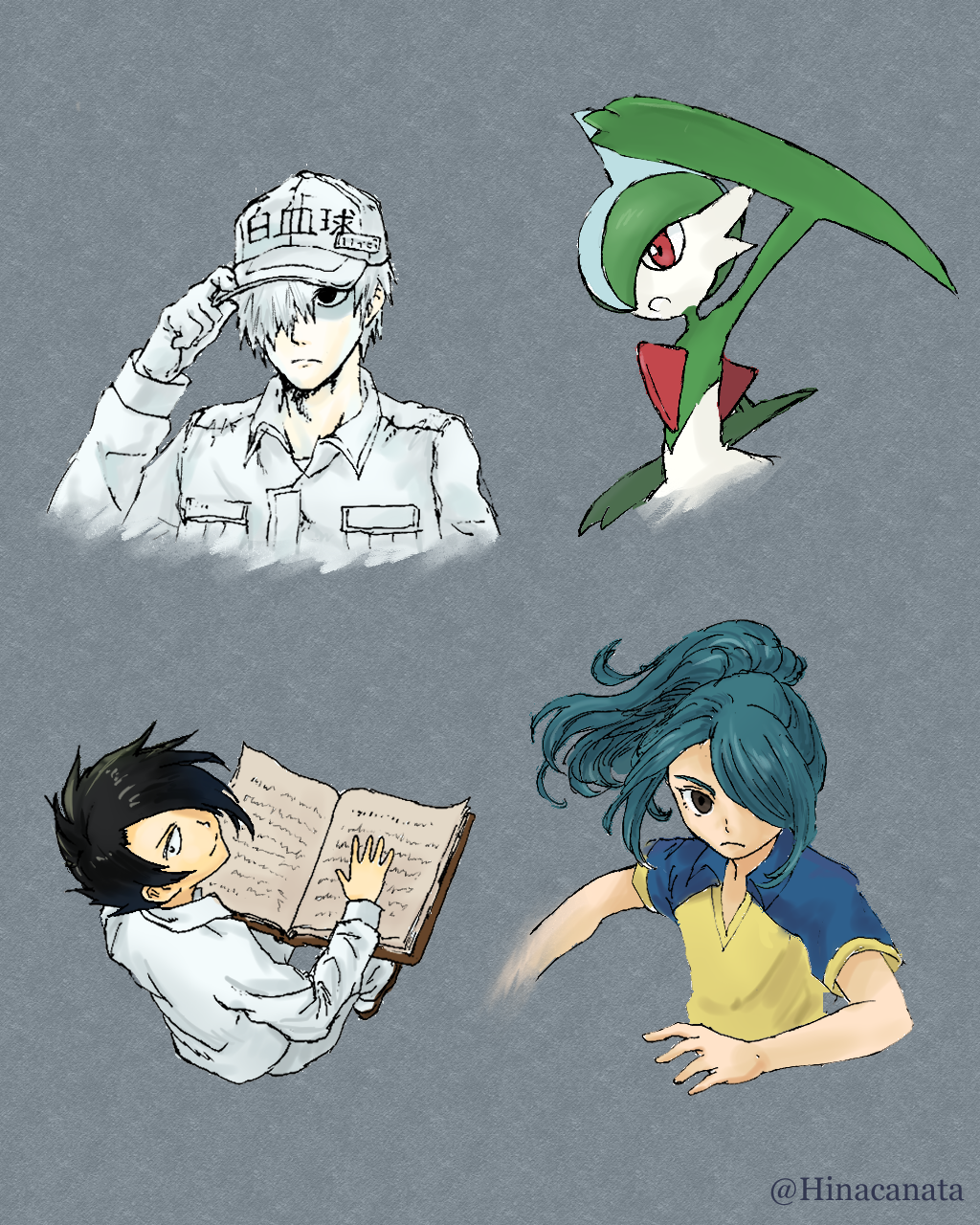 4boys adjusting_clothes adjusting_headwear androgynous arm_blade arm_up artist_name bangs baseball_cap black_eyes black_hair blue_hair book breast_pocket brown_eyes closed_mouth clothes_writing collared_shirt colored_skin commentary_request cropped_torso expressionless from_above full_body gallade gloves green_hair green_skin grey_background grey_gloves grey_hair grey_headwear grey_shirt hair_over_one_eye hand_up hat hataraku_saibou highres hinata_kanata holding holding_book inazuma_eleven inazuma_eleven_(series) kazemaru_ichirouta long_hair long_sleeves looking_at_viewer looking_up male_focus multicolored_hair multicolored_skin multiple_boys one_eye_covered open_book open_mouth pants pocket pokemon pokemon_(creature) ponytail ray_(yakusoku_no_neverland) red_eyes shirt short_hair simple_background sitting split_mouth trait_connection translation_request twitter_username two-tone_hair two-tone_shirt two-tone_skin u-1146 upper_body watermark weapon white_blood_cell_(hataraku_saibou) white_pants white_skin yakusoku_no_neverland