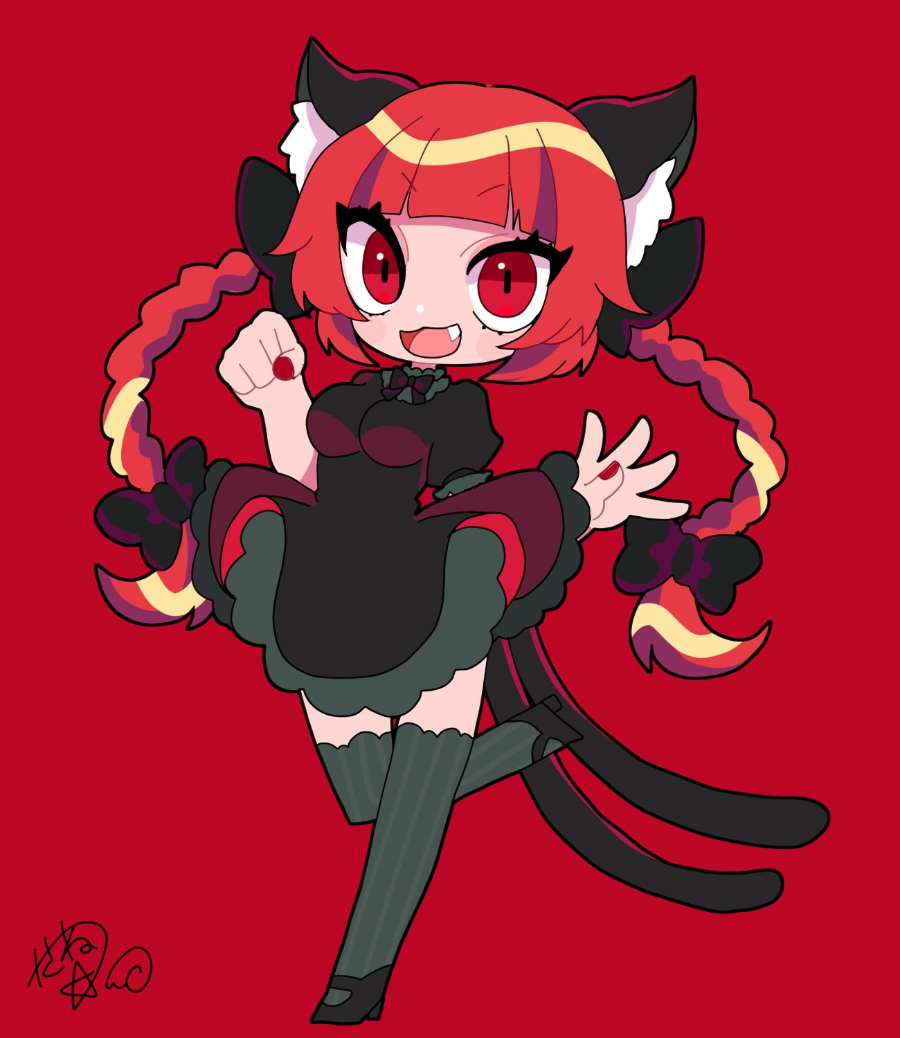 1girl :3 :d animal_ears black_bow bow braid cat_ears cat_tail dress fangs hair_bow highres kaenbyou_rin kasane0130 multiple_tails nail_polish nekomata red_background red_eyes red_hair red_nails simple_background smile solo standing standing_on_one_leg tail touhou twin_braids two_tails