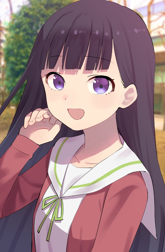 1girl :d aki_poi bangs black_hair blurry blurry_background commentary_request depth_of_field green_ribbon hand_up jacket long_hair long_sleeves looking_at_viewer miyazen neck_ribbon open_clothes open_jacket original purple_eyes red_jacket ribbon sailor_collar shirt smile solo upper_body very_long_hair white_sailor_collar white_shirt