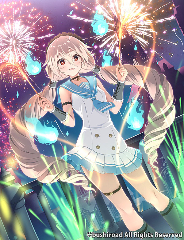 :d aerial_fireworks bangs black_choker blue_fire blue_sailor_collar blush breasts brown_hair building cardfight!!_vanguard:_overdress character_request choker collarbone dress feet_out_of_frame fire fireworks grey_socks hair_between_eyes hands_up hitodama holding_fireworks kneehighs long_hair looking_at_viewer low_twintails maid_headdress night night_sky official_art outdoors pleated_dress red_eyes sailor_collar sailor_dress sky sleeveless sleeveless_dress small_breasts smile socks sparkler standing twintails very_long_hair white_dress yoshino_ryou