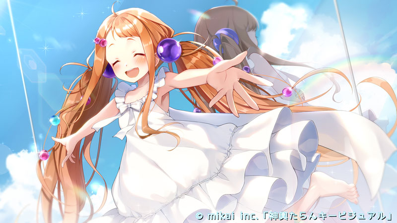 1girl artist_request blue_eyes blue_sky blush dress forehead hair_ornament key_visual long_hair looking_at_viewer maronie. mikoshi_taran official_art open_mouth orange_hair promotional_art re:act sky smile solo teeth twintails upper_teeth very_long_hair virtual_youtuber white_dress