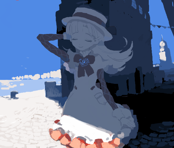 1girl arm_at_side arm_behind_head arm_up ashita_no_nadja bad_drawr_id bad_id blonde_hair blue_sky bow brooch building closed_eyes closed_mouth cowboy_shot day dress facing_viewer flipped_hair frills high_collar jewelry layered_sleeves long_hair long_sleeves mousariababa nadja_applefield ocean oekaki outdoors parted_bangs pocket red_bow shade short_over_long_sleeves short_sleeves sky sleeve_cuffs smile solo standing string_of_flags sunlight u_u water white_dress white_headwear