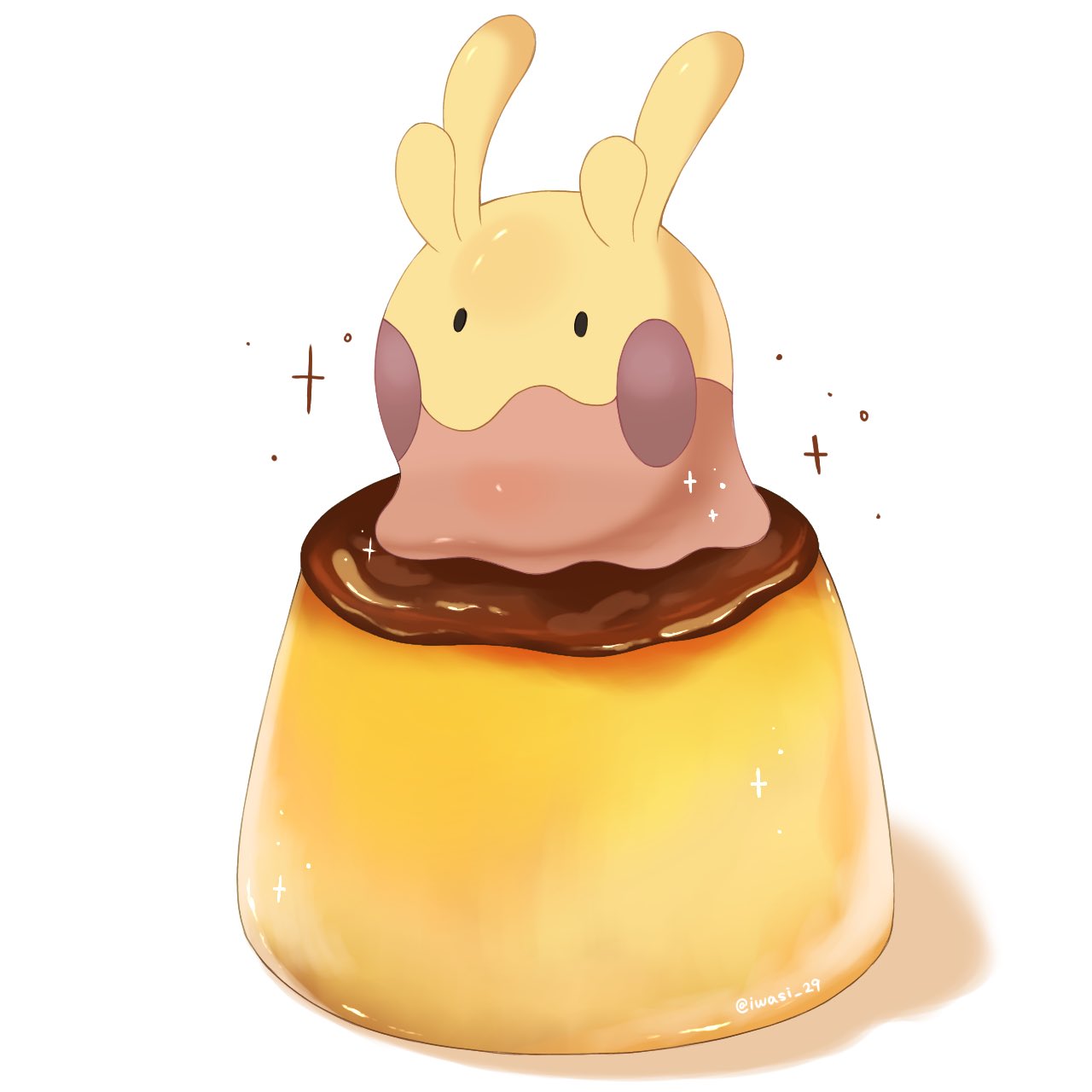 alternate_color animal_focus artist_name closed_mouth colored_skin commentary_request food goomy highres iwasi_29 no_humans pokemon pokemon_(creature) pudding shiny_pokemon simple_background solid_oval_eyes sparkle twitter_username white_background yellow_skin