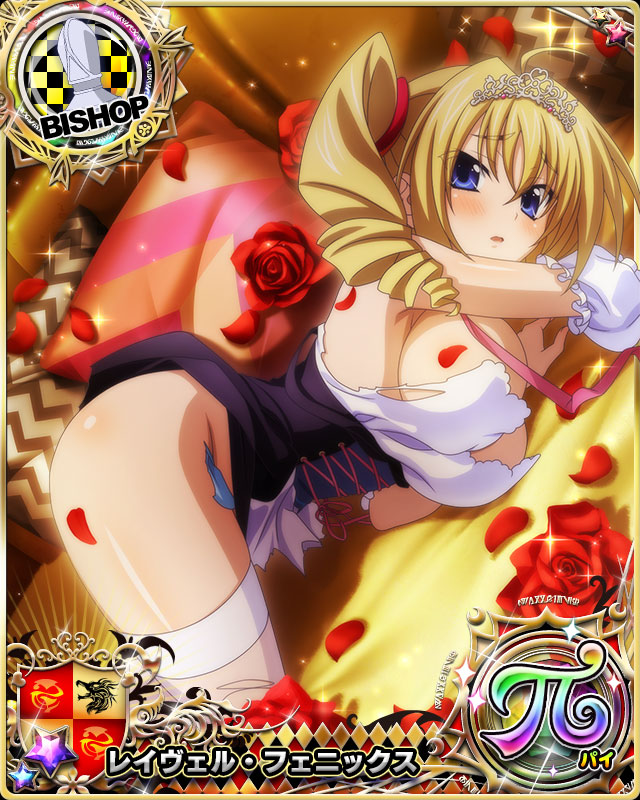 1girl ahoge all_fours bishop_(chess) blonde_hair blue_eyes blush card_(medium) chess_piece dress drill_hair flower hair_between_eyes high_school_dxd high_school_dxd_pi looking_at_viewer official_art open_mouth pillow ravel_phenex red_flower red_rose rose solo thighhighs tiara tongue torn_clothes twin_drills