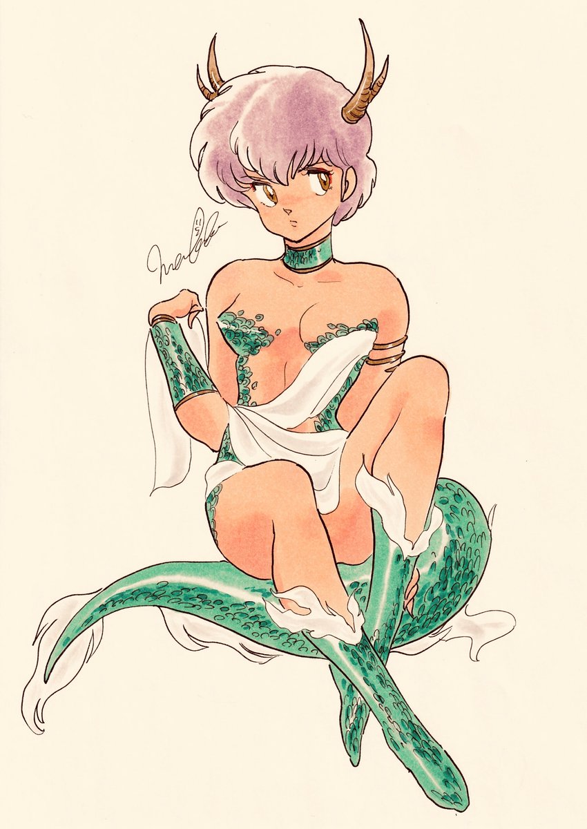 1980s_(style) 1girl armlet boots breasts brown_eyes choker cleavage commentary dragon_girl dragon_horns dragon_tail fujinami_ryuunosuke full_body green_choker green_footwear green_wristband highres horns knee_boots looking_at_viewer mendako_da pink_hair retro_artstyle scales signature simple_background solo symbol-only_commentary tail urusei_yatsura wristband yellow_background