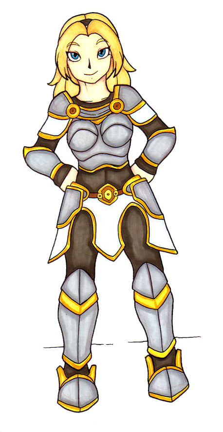 accessory armor armored_boots belt big_breasts blonde_hair blue_eyes bottomwear breasts clothed clothing eyelashes female front_view hair hair_accessory hairband hands_on_hips human ivanks league_of_legends long_hair looking_at_viewer lux_(lol) mammal medium_hair plate_armor pupils riot_games shin_guards simple_background skirt smile solo standing white_background white_body white_skin