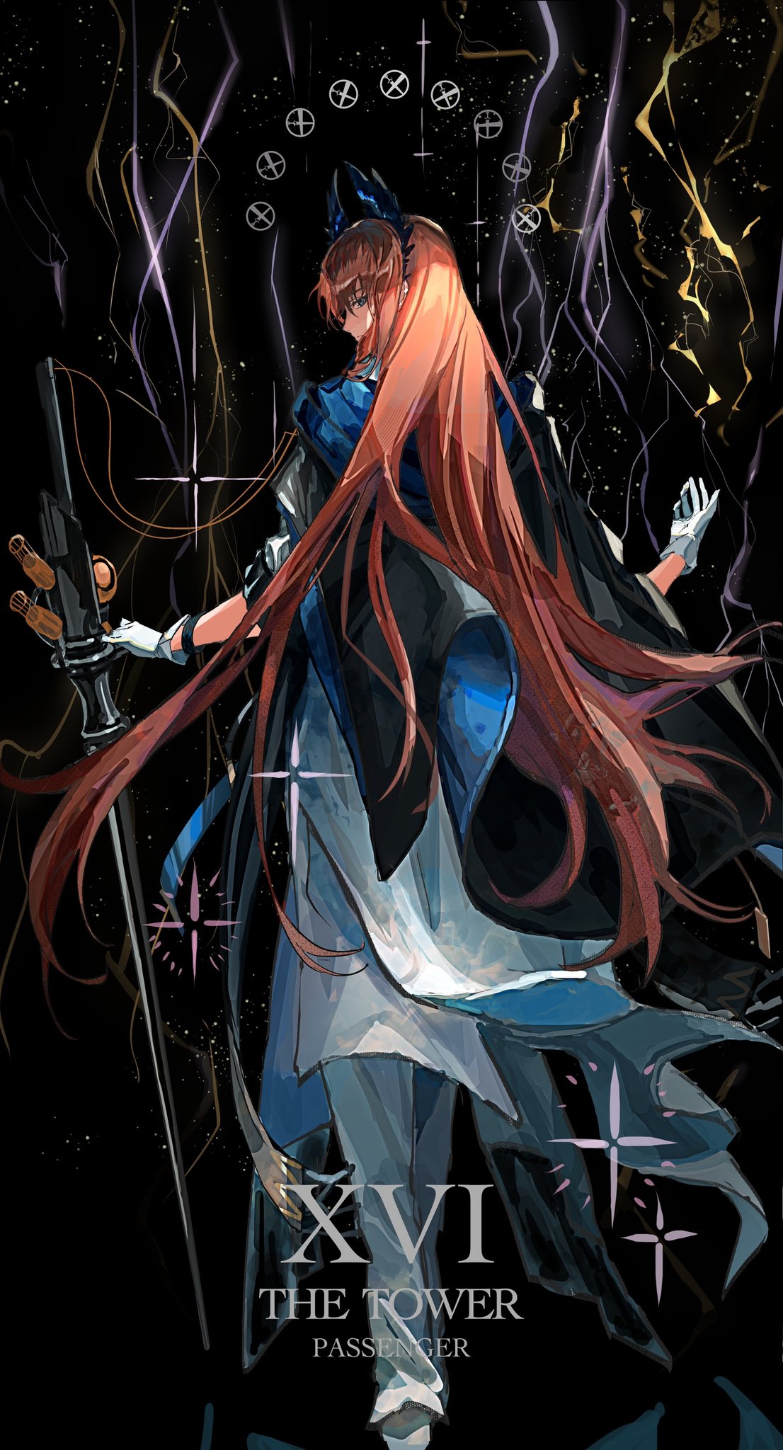 1boy arknights bird_boy black_cape blue_cape blue_eyes cape electricity from_behind gloves head_wings highres holding holding_weapon infection_monitor_(arknights) kasumi_yuzuha long_hair looking_back male_focus orange_hair passenger_(arknights) solo tarot the_tower_(tarot) very_long_hair weapon white_gloves wings