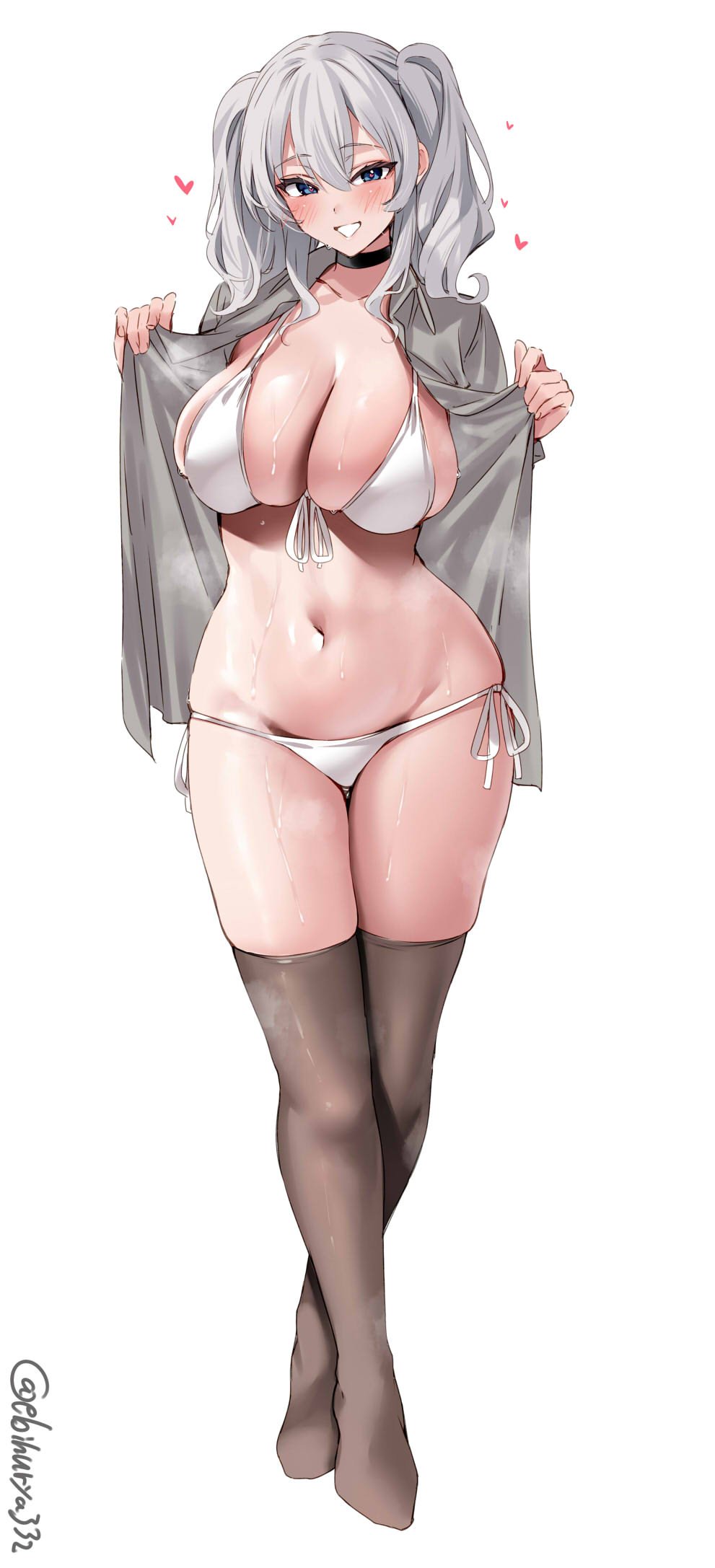 1girl ass_visible_through_thighs bikini black_choker blue_eyes blush breasts choker cleavage collarbone collared_shirt commentary dress_shirt ebifurya front-tie_bikini_top front-tie_top full_body grey_hair grey_shirt grin hair_between_eyes hands_up heart heart-shaped_pupils highres kantai_collection kashima_(kancolle) large_breasts long_hair looking_at_viewer navel no_shoes open_clothes open_shirt shirt side-tie_bikini_bottom sidelocks simple_background skindentation smile solo steaming_body strap_gap string_bikini sweat swimsuit symbol-shaped_pupils thigh_gap thighhighs thighs twintails twitter_username white_background white_bikini