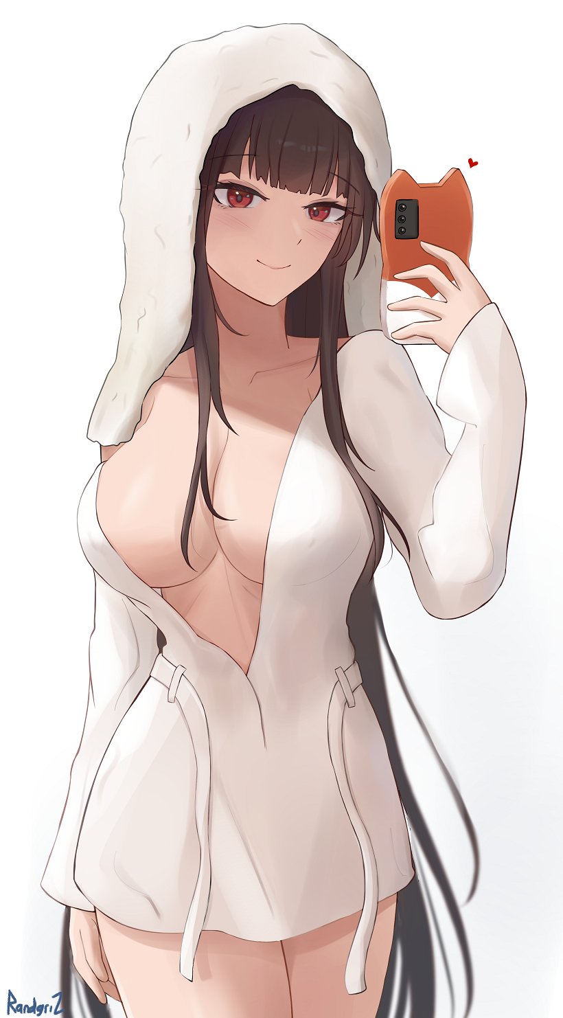 1girl artist_name blush breasts brown_hair cellphone cleavage dsr-50_(daybreak's_whisper)_(girls'_frontline) dsr-50_(girls'_frontline) girls'_frontline heart highres holding holding_phone large_breasts long_hair official_alternate_costume phone randgriz96 red_eyes selfie smartphone smile solo towel towel_on_head white_background