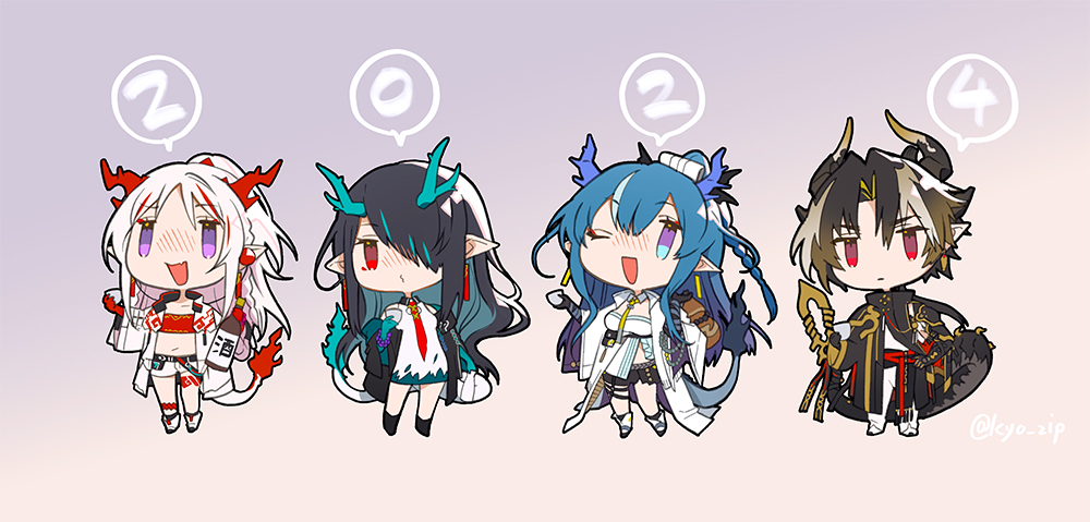 1boy 3girls ;d alcohol arknights arm_tattoo arm_wrap bandeau bead_bracelet beads black_jacket black_skin blue_eyes blue_hair blush boots bottle bracelet brother_and_sister brown_hair chibi china_dress chinese_clothes chong_yue_(arknights) colored_skin cup dragon_boy dragon_girl dragon_horns dragon_tail dress dusk_(arknights) earrings fang flame-tipped_tail green_skin grey_background hair_over_one_eye holding holding_cup holding_gourd horns jacket jewelry kyo_zip leg_tattoo ling_(arknights) multiple_girls necktie nian_(arknights) off-shoulder_jacket off_shoulder one_eye_closed one_eye_covered open_clothes open_jacket open_mouth pointy_ears ponytail purple_eyes red_bandeau red_eyes red_necktie red_skin shirt shorts siblings simple_background sisters skin_fang smile tail tassel tassel_earrings tattoo white_dress white_footwear white_hair white_jacket white_shirt white_shorts yellow_necktie