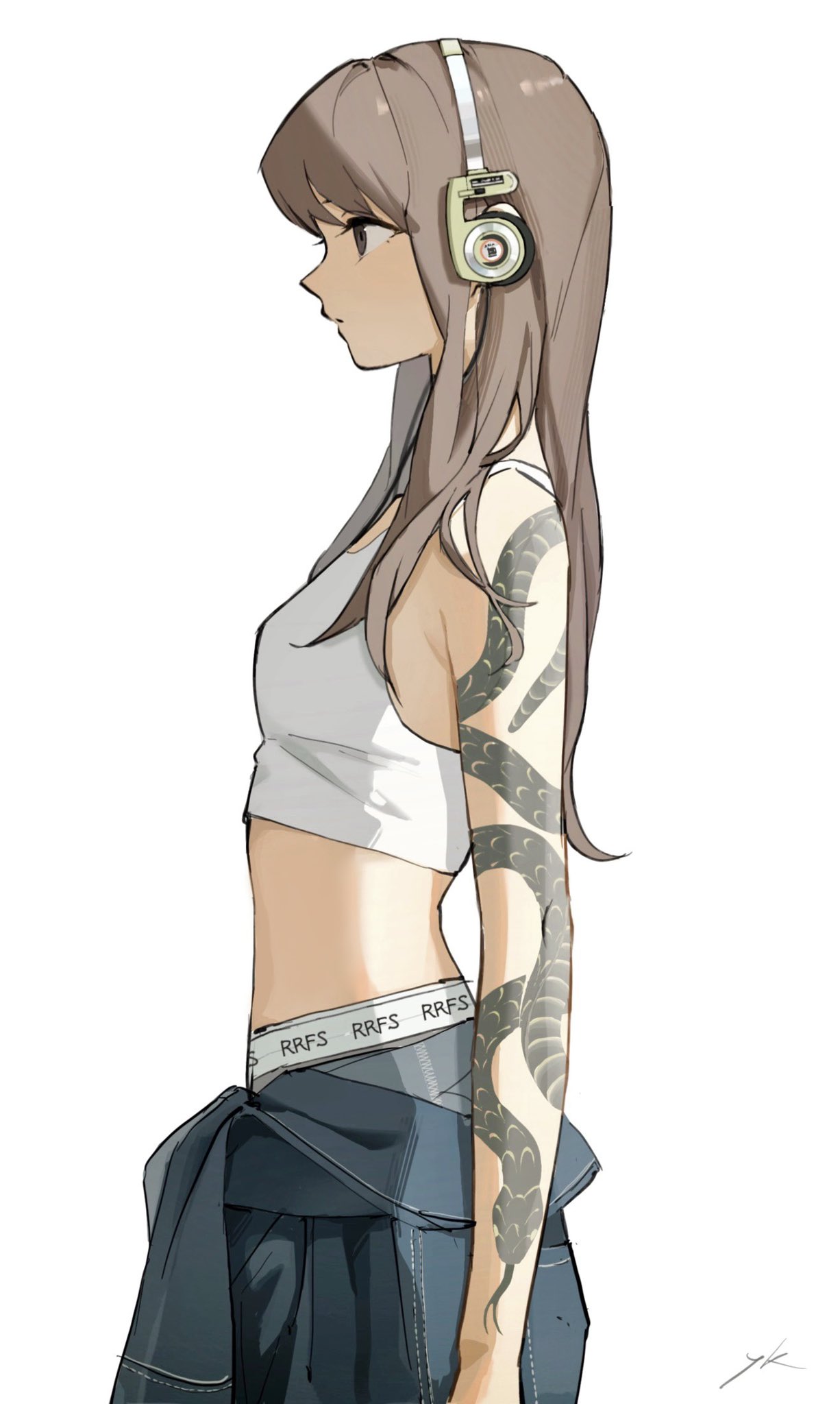 1girl bangs breasts brown_eyes brown_hair headphones highres kimura_731 koss long_hair original simple_background small_breasts snake_tattoo solo standing tank_top tattoo white_background white_tank_top