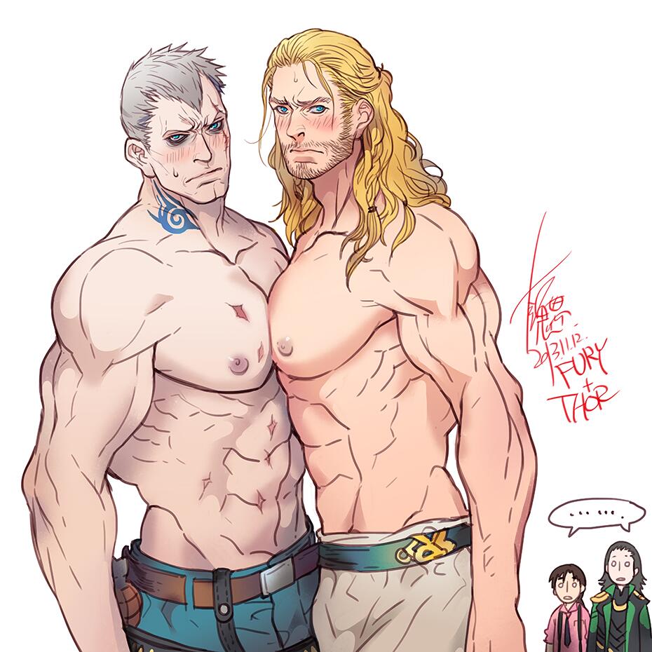 ... 4boys abs arms_at_sides bara beard_stubble belt blonde_hair blush bryan_fury character_request chibi chibi_inset cowboy_shot deformed double_chin large_pectorals long_hair male_focus mature_male multiple_boys muscular muscular_male mustache_stubble navel neck_tattoo nipples pale_skin pectoral_docking pectoral_press pectorals scar short_hair shy sideburns tattoo tekken thor_(marvel) topless_male white_hair yi_lee