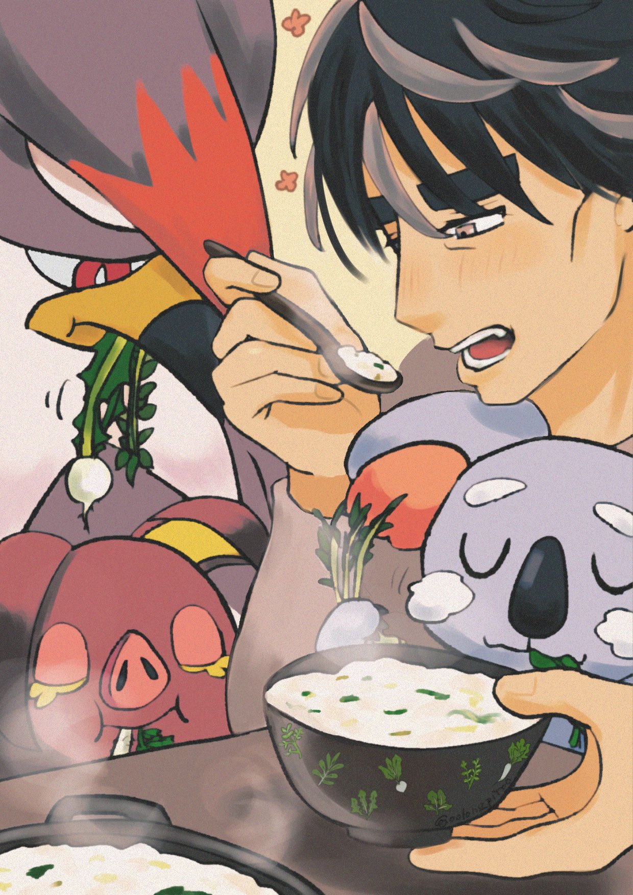 1boy beak bird black_hair bowl bright_pupils brown_eyes commentary_request eating food grey_hair highres holding holding_bowl holding_spoon koala komala larry_(pokemon) multicolored_hair nanakusa-no-sekku oinkologne oolongpiroo open_mouth pokemon pokemon_(creature) pokemon_sv red_eyes rice_porridge short_hair soup spoon staraptor steam teeth thick_eyebrows turnip two-tone_hair