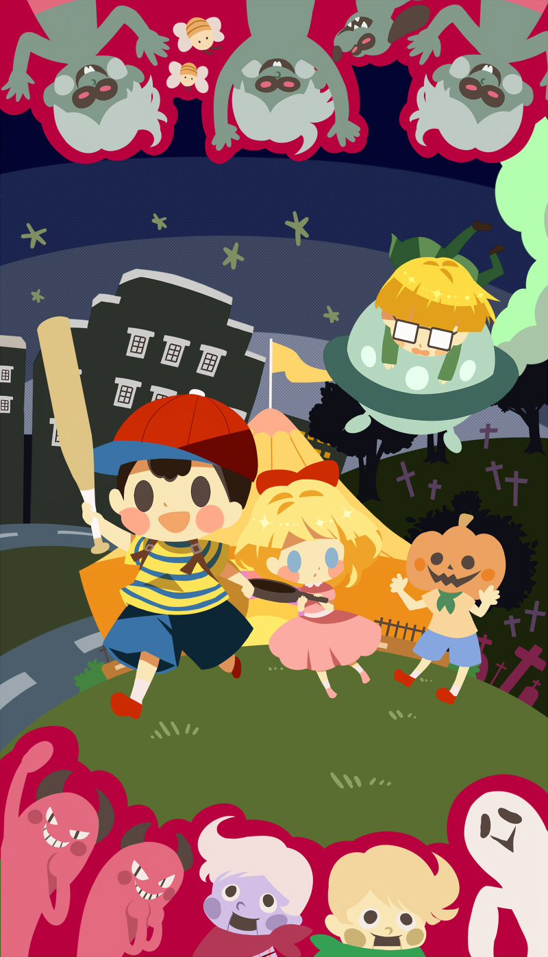 1girl 6+boys backpack bag baseball_bat bee black_eyes black_hair blonde_hair blue_eyes blue_shorts blush_stickers bow brown_bag bug building colored_skin crash_landing cross dog fence flag frying_pan ghost glasses green_neckerchief grey_skin hair_bow handsome_tom highres hitofutarai holding holding_baseball_bat holding_frying_pan jeff_andonuts mother_(game) mother_2 multiple_boys neckerchief ness_(mother_2) open_mouth outline paula_(mother_2) puppet purple_skirt red_bow red_footwear red_outline road scared shirt shorts skirt smoke star_(sky) striped striped_shirt tent tombstone trick_or_treat_kid ufo zombie