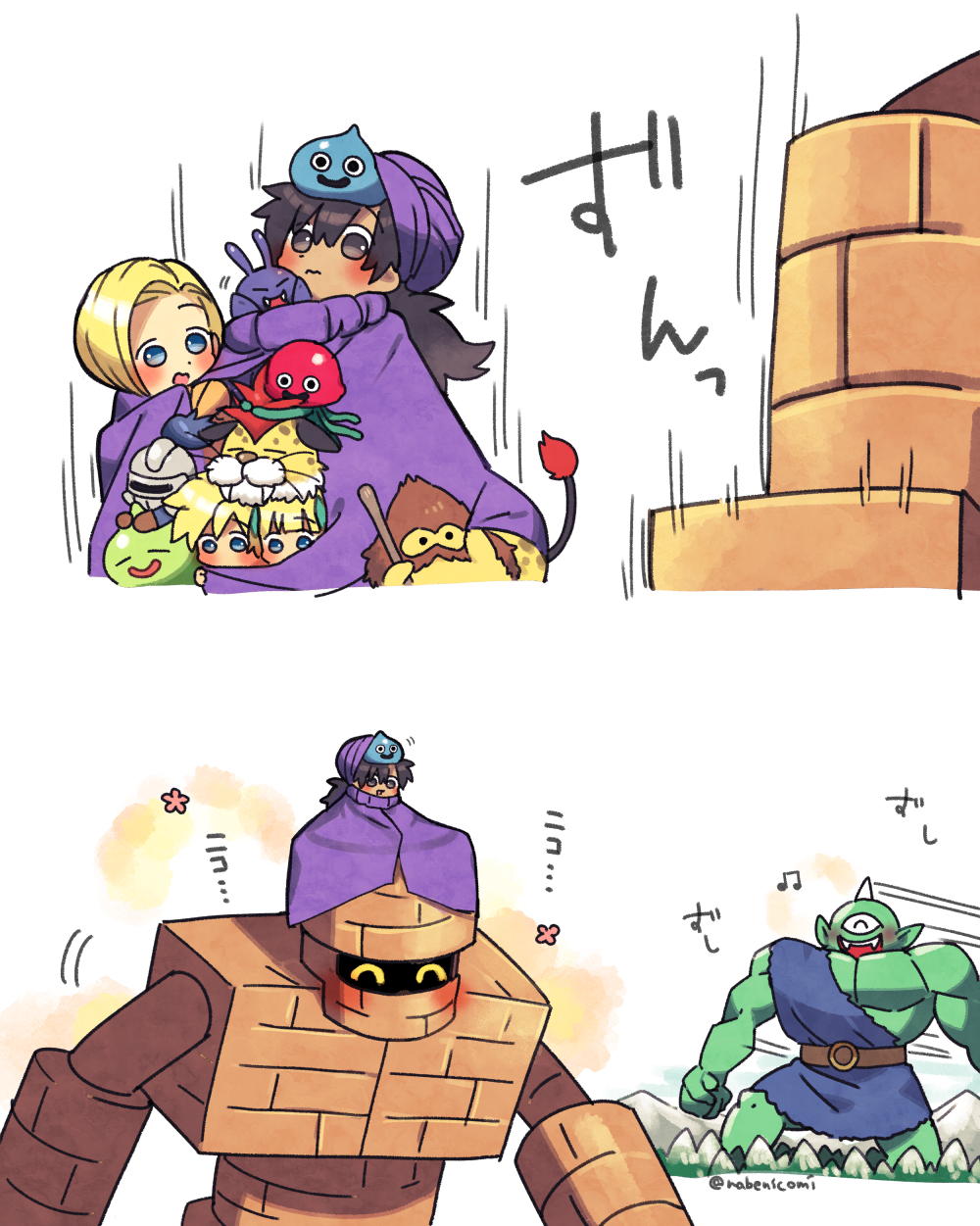 2boys 2girls bianca_(dq5) black_hair blonde_hair blue_eyes blush blush_stickers borongo bow cape child cloak commentary_request cureslime cyclops_(dragon_quest) dracky dragon_quest dragon_quest_v family father_and_daughter father_and_son flower golem_(dragon_quest) green_bow hair_bow hammerhood_(dragon_quest) height_difference hero's_daughter_(dq5) hero's_son_(dq5) hero_(dq5) highres husband_and_wife jumping long_hair low_ponytail monster mother_and_daughter mother_and_son motion_lines mountain multiple_boys multiple_girls musical_note nabenko on_head purple_cape purple_cloak purple_headwear short_hair siblings size_difference slime_knight smile spiked_hair standing turban twins warming white_background