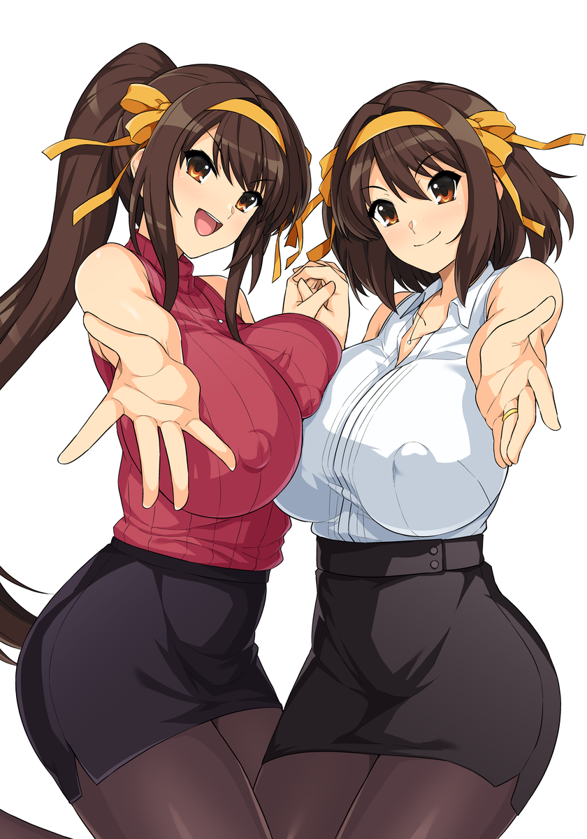 2girls black_skirt bob_cut breasts brown_eyes brown_hair brown_pantyhose collared_shirt covered_nipples dress_shirt dual_persona foreshortening hairband haruhisky highres large_breasts long_hair lying multiple_girls pantyhose pencil_skirt reaching reaching_towards_viewer red_sweater ribbed_sweater shirt short_hair simple_background skirt sleeveless sleeveless_sweater suzumiya_haruhi suzumiya_haruhi_no_shoushitsu suzumiya_haruhi_no_yuuutsu sweater white_background white_shirt