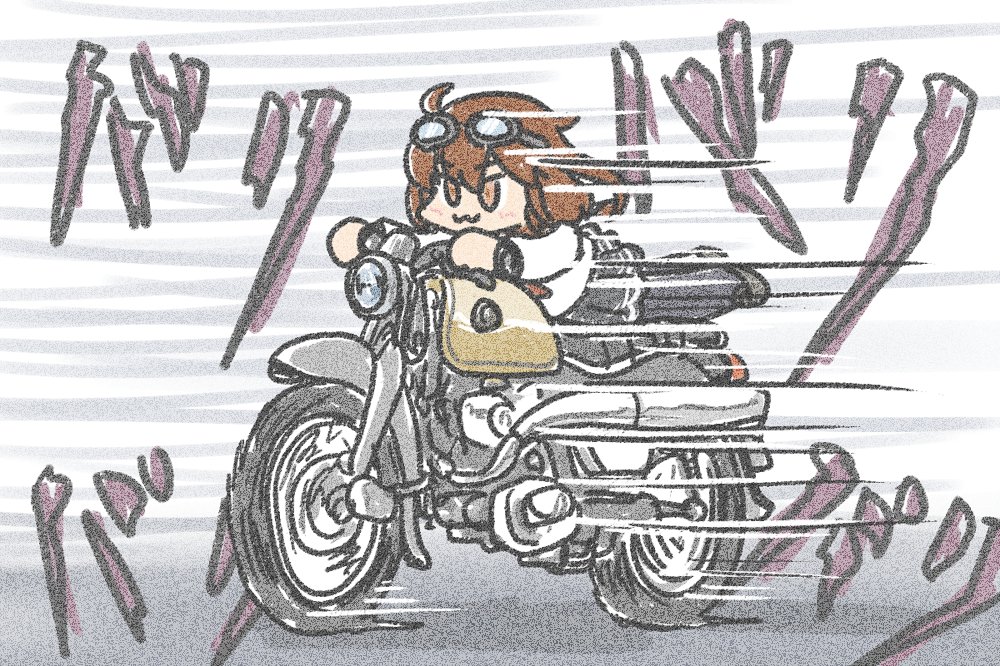 1girl :3 black_pantyhose black_skirt brown_eyes brown_hair commentary_request ferret-san goggles goggles_on_head ikazuchi_(kancolle) kantai_collection motor_vehicle motorcycle neckerchief pantyhose pleated_skirt red_neckerchief riding school_uniform serafuku shirt short_hair skirt smile solo speed_lines vehicle_request white_shirt