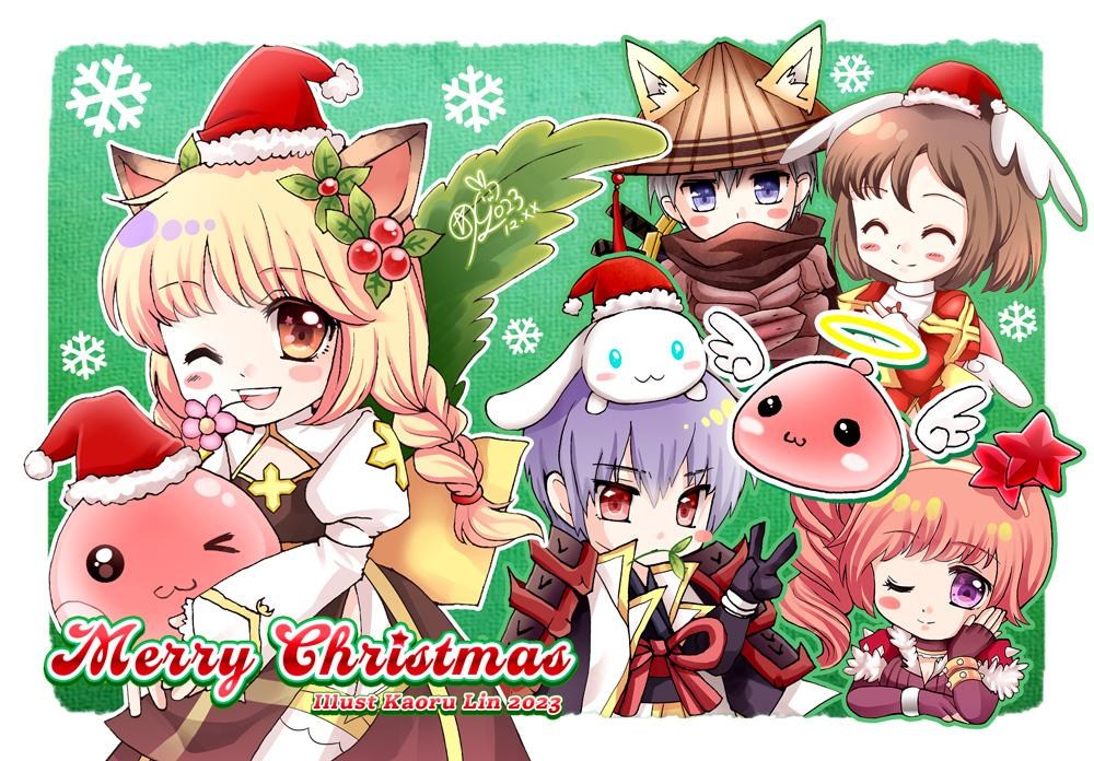 2boys 3girls :3 ajirogasa angel_wings angeling animal_ears arch_bishop_(ragnarok_online) armor blonde_hair blush braid brown_dress brown_eyes brown_gloves brown_hair brown_scarf chibi cleavage_cutout closed_mouth clothing_cutout commentary_request cowboy_shot cross dated dress fake_animal_ears fch2009 fingerless_gloves flower flower_in_mouth fur-trimmed_headwear fur_trim gloves grey_hair guillotine_cross_(ragnarok_online) hair_between_eyes hairband halo hat high_priest_(ragnarok_online) japanese_armor juliet_sleeves kagerou_(ragnarok_online) katana kote kurokote leaf_in_mouth long_hair long_sleeves looking_at_viewer low_twin_braids medium_bangs merry_christmas multiple_boys multiple_girls one_eye_closed one_side_up open_mouth pink_flower pink_hair pom_pom_(clothes) poring puffy_sleeves purple_eyes purple_hair ragnarok_online red_dress red_eyes red_star santa_hat scarf shadow_chaser_(ragnarok_online) short_hair slime_(creature) smile snowflakes star_(symbol) sword twin_braids two-tone_dress upper_body v weapon white_dress wings yellow_hairband