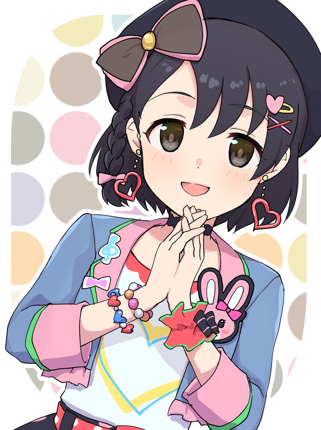 1girl bead_bracelet beads black_choker black_eyes black_hair black_headwear blue_jacket blush bow bracelet braid choker commentary_request earrings frilled_wristband hair_ornament hairclip hat hat_bow heart heart_earrings heart_hair_ornament highres idolmaster idolmaster_cinderella_girls idolmaster_cinderella_girls_starlight_stage jacket jewelry long_sleeves looking_at_viewer montamo739 open_mouth own_hands_together pink_bow polka_dot polka_dot_background print_shirt rabbit_ornament sasaki_chie shirt short_hair simple_background smile solo upper_body white_shirt