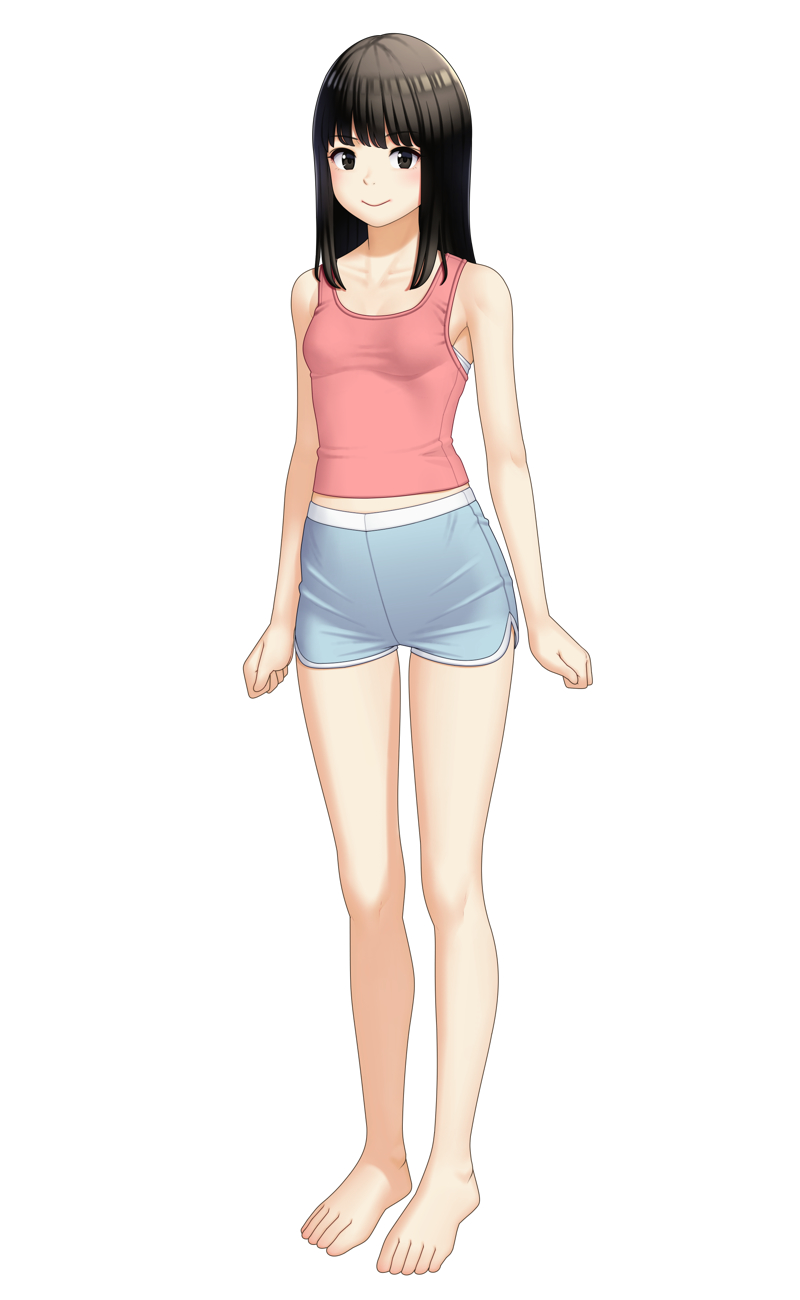 1girl barefoot black_eyes black_hair breasts closed_mouth commentary dolphin_shorts full_body grey_shorts highres long_hair looking_at_viewer loungewear maburu_(lojyq1eur3e8bit) original pink_tank_top short_shorts shorts simple_background small_breasts smile solo standing straight_hair tank_top white_background