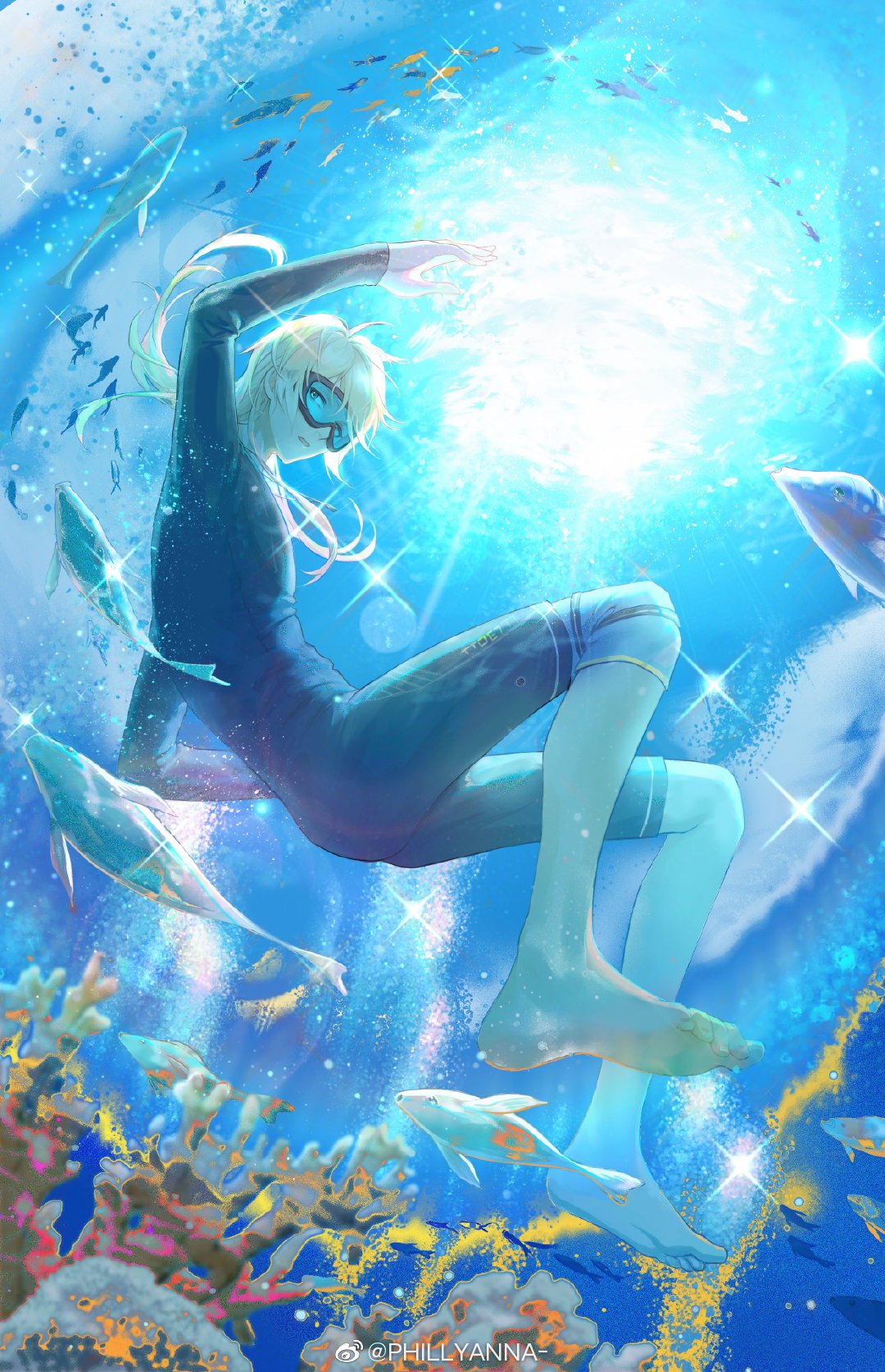 1boy alkaid_mcgrath arm_up barefoot blonde_hair bodysuit coral diving_suit fish from_below from_side full_body goggles green_eyes hair_between_eyes highres lens_flare long_sleeves looking_at_viewer looking_to_the_side lovebrush_chronicles male_focus male_swimwear medium_hair ocean parted_lips phillyanna solo sparkle sunlight underwater weibo_logo weibo_username wetsuit
