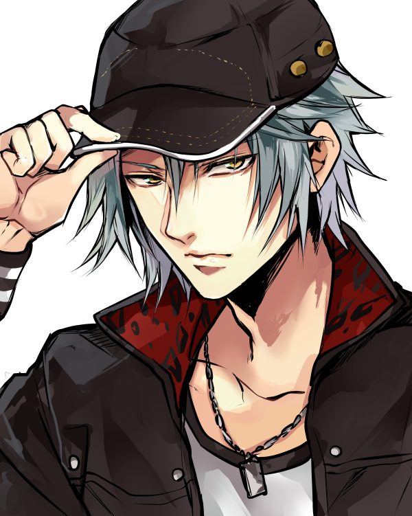 1boy adjusting_clothes adjusting_headwear animal_print baseball_cap black_headwear black_jacket chain_necklace commentary_request expressionless final_fantasy final_fantasy_vii final_fantasy_vii_remake grey_hair hand_up hat high_collar jacket jewelry leopard_print leslie_kyle looking_at_viewer male_focus necklace open_clothes open_jacket pendant shirt short_hair simple_background solo tama_(tmfy5) upper_body white_background white_shirt yellow_eyes