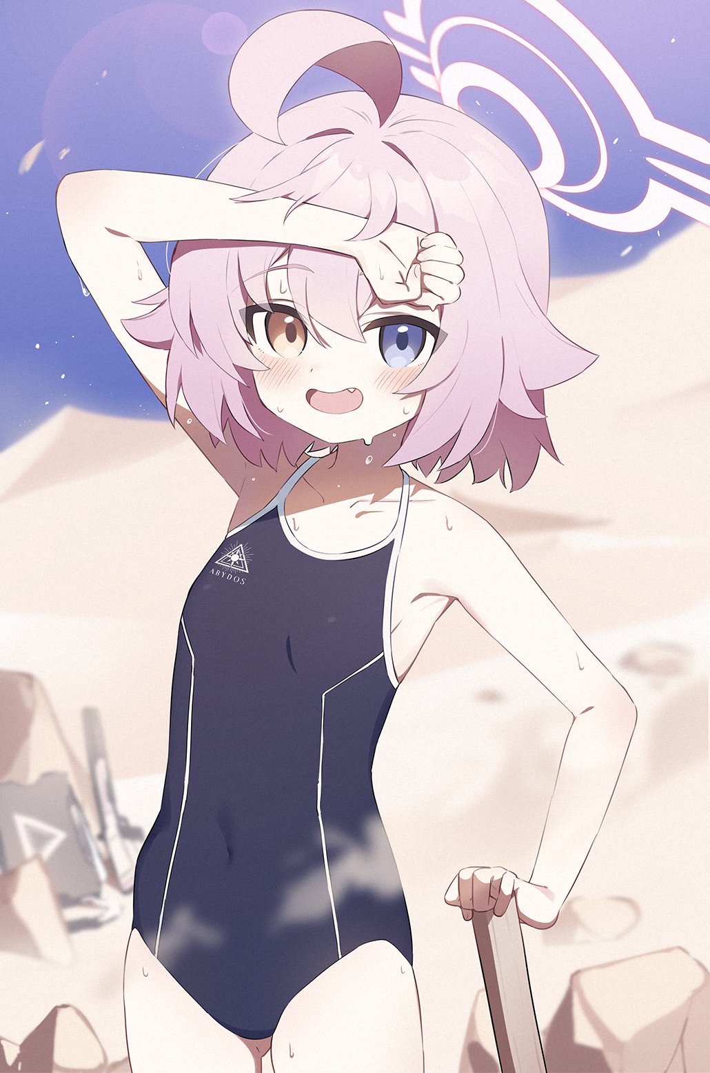 1girl abydos_high_school_swimsuit ahoge arm_up ass_visible_through_thighs bare_arms bare_shoulders blue_archive blue_eyes blue_one-piece_swimsuit blue_sky blurry blurry_background blush collarbone covered_navel cowboy_shot day fang halo heterochromia highres hoshino_(blue_archive) hoshino_(young)_(blue_archive) huge_ahoge looking_at_viewer one-piece_swimsuit open_mouth outdoors pink_hair pink_halo short_hair sky solo sweat swimsuit wagashi928 yellow_eyes