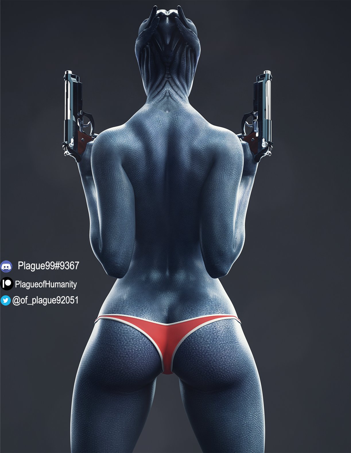 2023 3d_(artwork) alien alien_humanoid asari blue_body blue_skin butt clothed clothing digital_media_(artwork) dual_wielding female gun handgun hi_res holding_object holding_weapon humanoid liara_t'soni mass_effect not_furry panties pistol plague_of_humanity_(artist) ranged_weapon red_clothing red_panties red_underwear solo topless underwear weapon