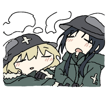 2girls black_hair blonde_hair brodie_helmet bubble chito_(shoujo_shuumatsu_ryokou) closed_eyes combat_helmet facing_viewer fur-trimmed_jacket fur_trim green_jacket grey_headwear hair_over_shoulder helmet hood hood_down hooded_jacket jacket long_hair long_sleeves low_twintails lowres multiple_girls open_mouth parted_lips shoujo_shuumatsu_ryokou simple_background stahlhelm transparent_background tsukumizu_yuu twintails upper_body yuuri_(shoujo_shuumatsu_ryokou)