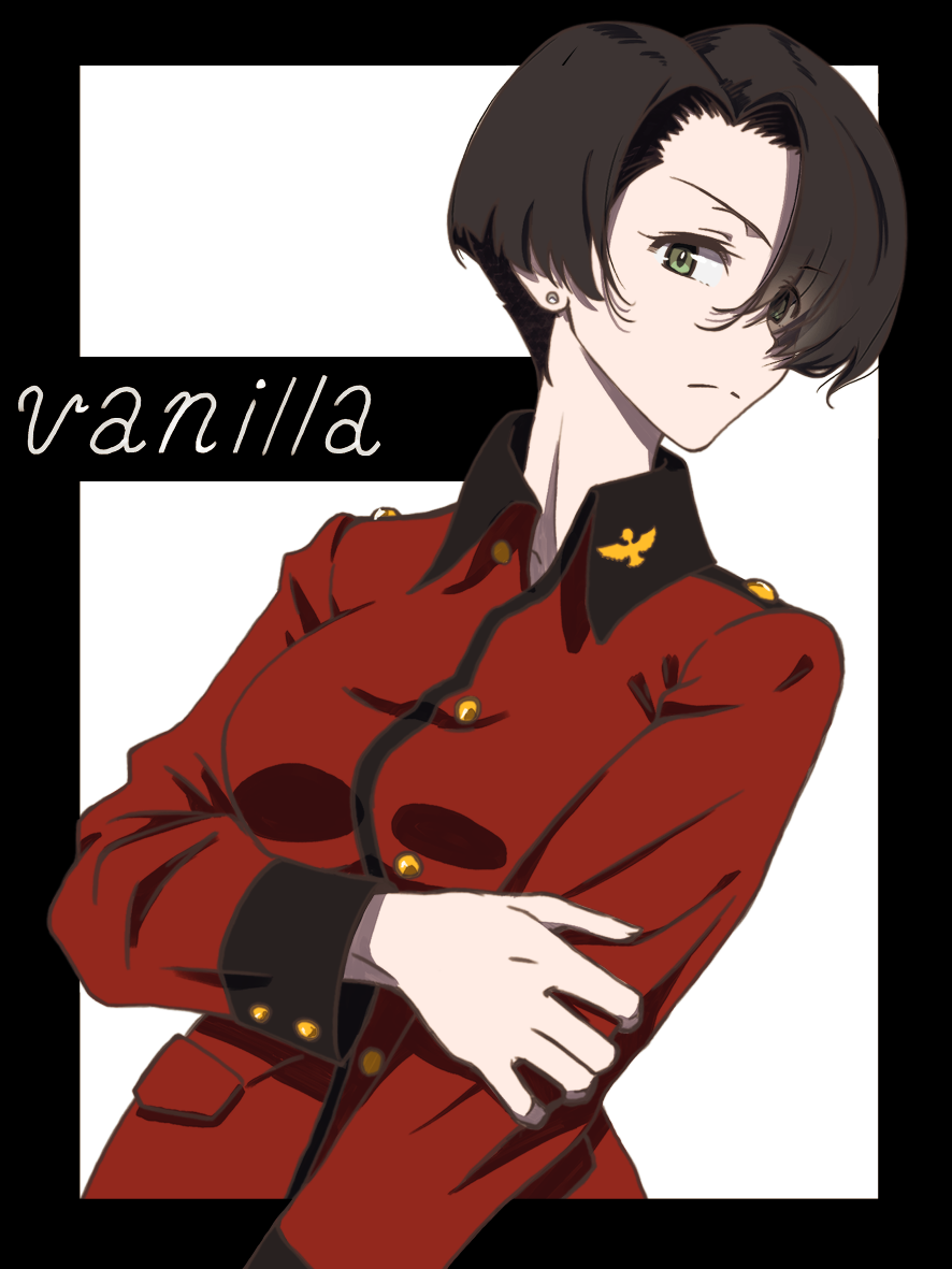 1girl black_border black_hair border character_name closed_mouth commentary earrings frown girls_und_panzer green_eyes hand_on_own_arm jacket jewelry long_sleeves looking_at_viewer military_uniform oritako outside_border red_jacket short_hair skirt solo st._gloriana's_military_uniform stud_earrings uniform vanilla_(girls_und_panzer)
