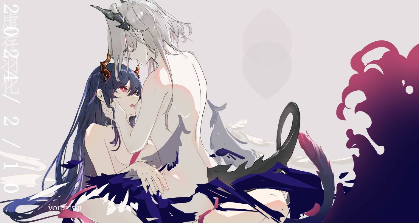 2girls arknights artist_name blue_hair breast_sucking ch'en_(arknights) chinese_commentary chinese_zodiac commentary_request completely_nude dated dragon_horns dragon_tail grey_hair horns incest multiple_girls nipples nude red_eyes tail talulah_(arknights) viod_yuhua year_of_the_dragon yuri