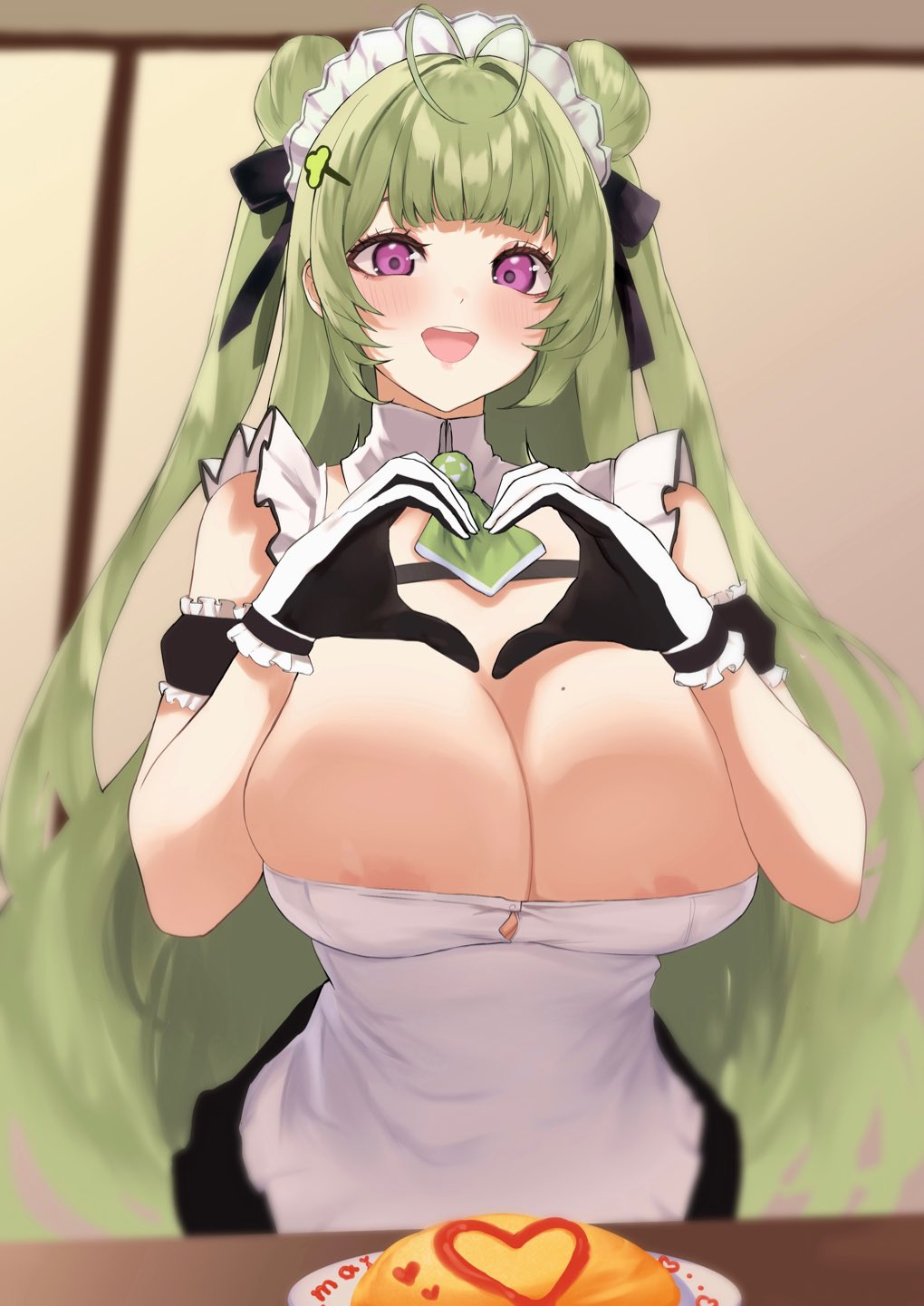 1girl antenna_hair areola_slip bare_shoulders black_gloves black_skirt blush breasts cleavage commentary dera_self detached_collar double_bun food gloves goddess_of_victory:_nikke green_hair green_necktie hair_bun heart heart_hands highres huge_breasts looking_at_viewer maid_headdress moe_moe_kyun! mole mole_on_breast multicolored_clothes multicolored_gloves necktie omelet omurice open_mouth purple_eyes short_necktie skindentation skirt smile soda_(nikke) solo teeth two-tone_gloves upper_teeth_only white_gloves white_headdress