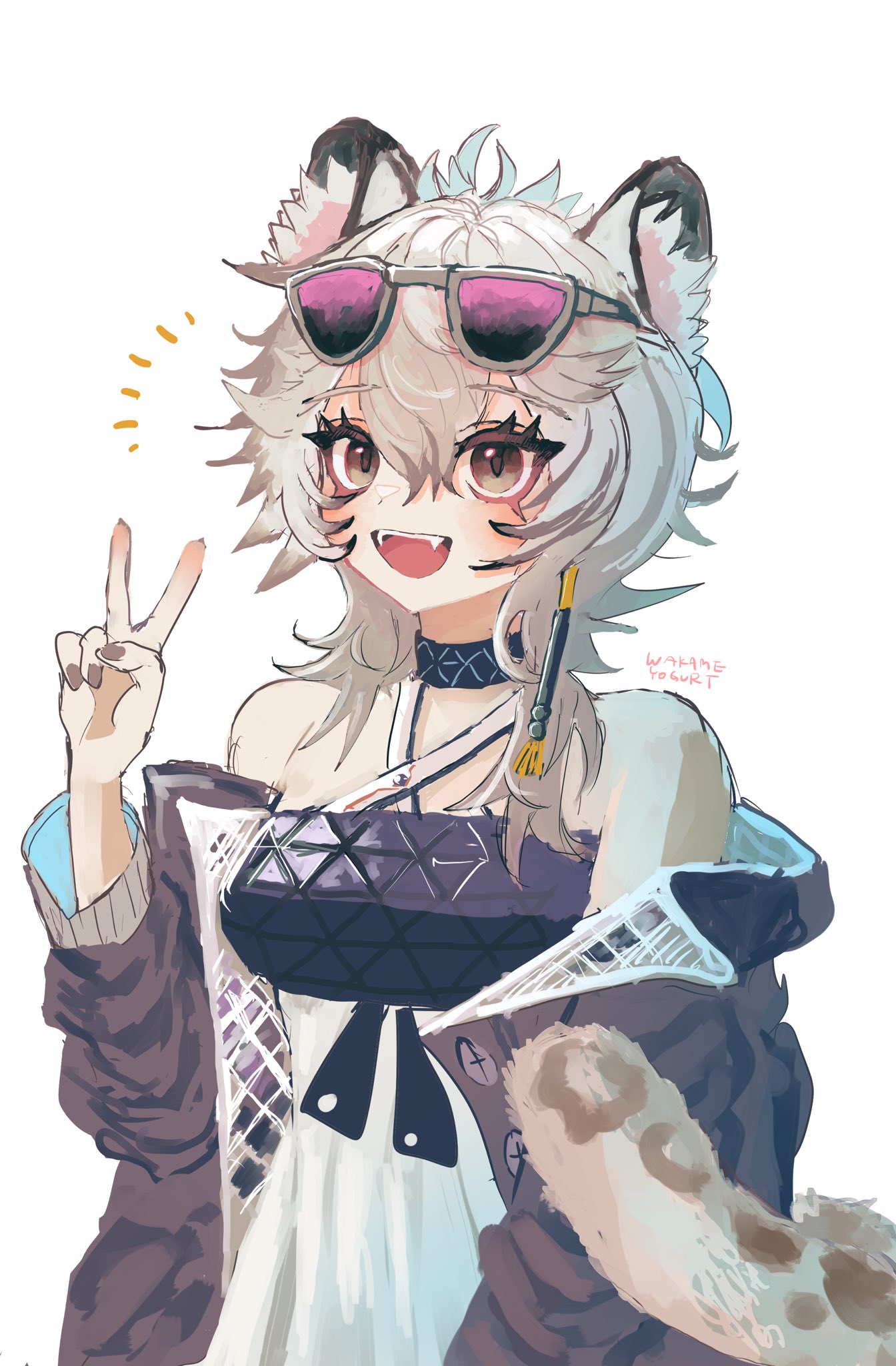 1girl :d animal_ear_fluff animal_ears arknights bare_shoulders black_jacket black_nails brown_eyes cliffheart_(arknights) cliffheart_(lone_climber)_(arknights) commentary_request criss-cross_halter dress eyewear_on_head fangs grey-framed_eyewear grey_hair grey_nails halterneck hand_up highres jacket leopard_ears leopard_girl leopard_tail long_sleeves looking_at_viewer nail_polish off_shoulder open_clothes open_jacket puffy_long_sleeves puffy_sleeves purple-tinted_eyewear simple_background smile solo tail tinted_eyewear upper_body uyuni-piyo white_background white_dress