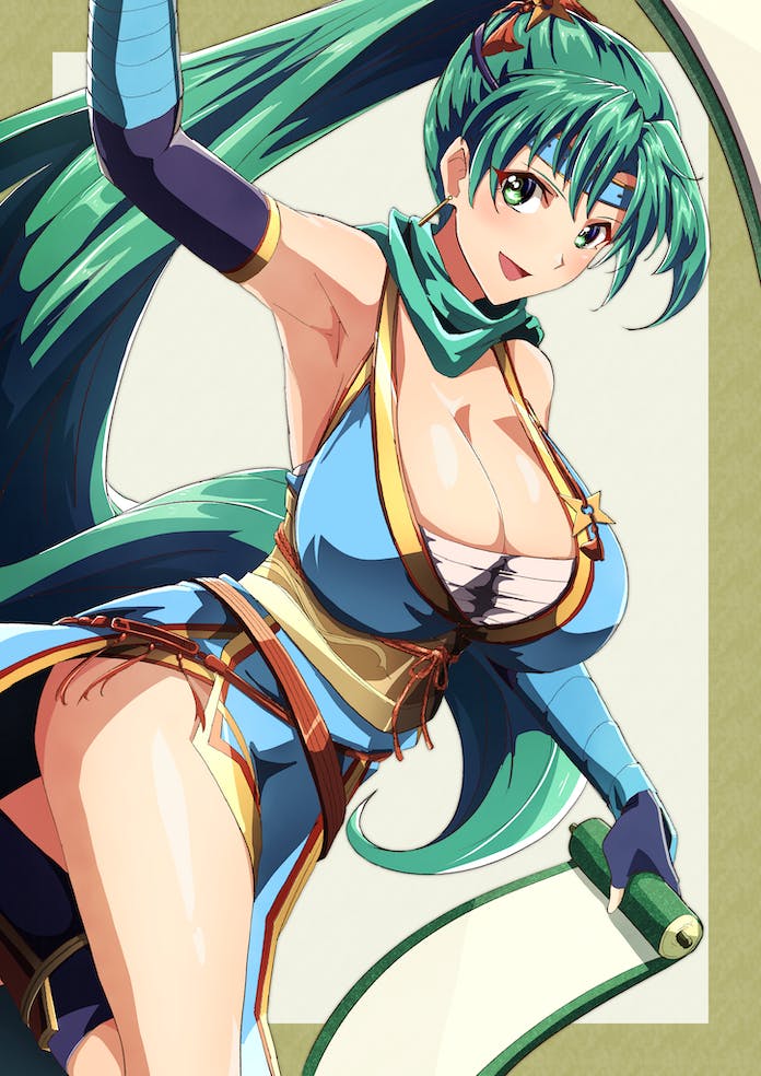 1girl :d arm_up arm_wrap armpits bare_shoulders blue_dress blue_headband blush border breasts chest_sarashi cleavage commentary commission dress earrings english_commentary fire_emblem fire_emblem:_the_blazing_blade fire_emblem_heroes green_border green_eyes green_hair green_scarf headband holding holding_scroll huge_breasts jewelry jpeg_artifacts large_breasts long_hair looking_at_viewer lyn_(fire_emblem) obi obijime official_alternate_costume open_mouth outside_border ponytail sarashi sash scarf scroll shuriken side_slit skeb_commission sleeveless sleeveless_dress smile solo to_(tototo_tk) very_long_hair weapon yellow_sash